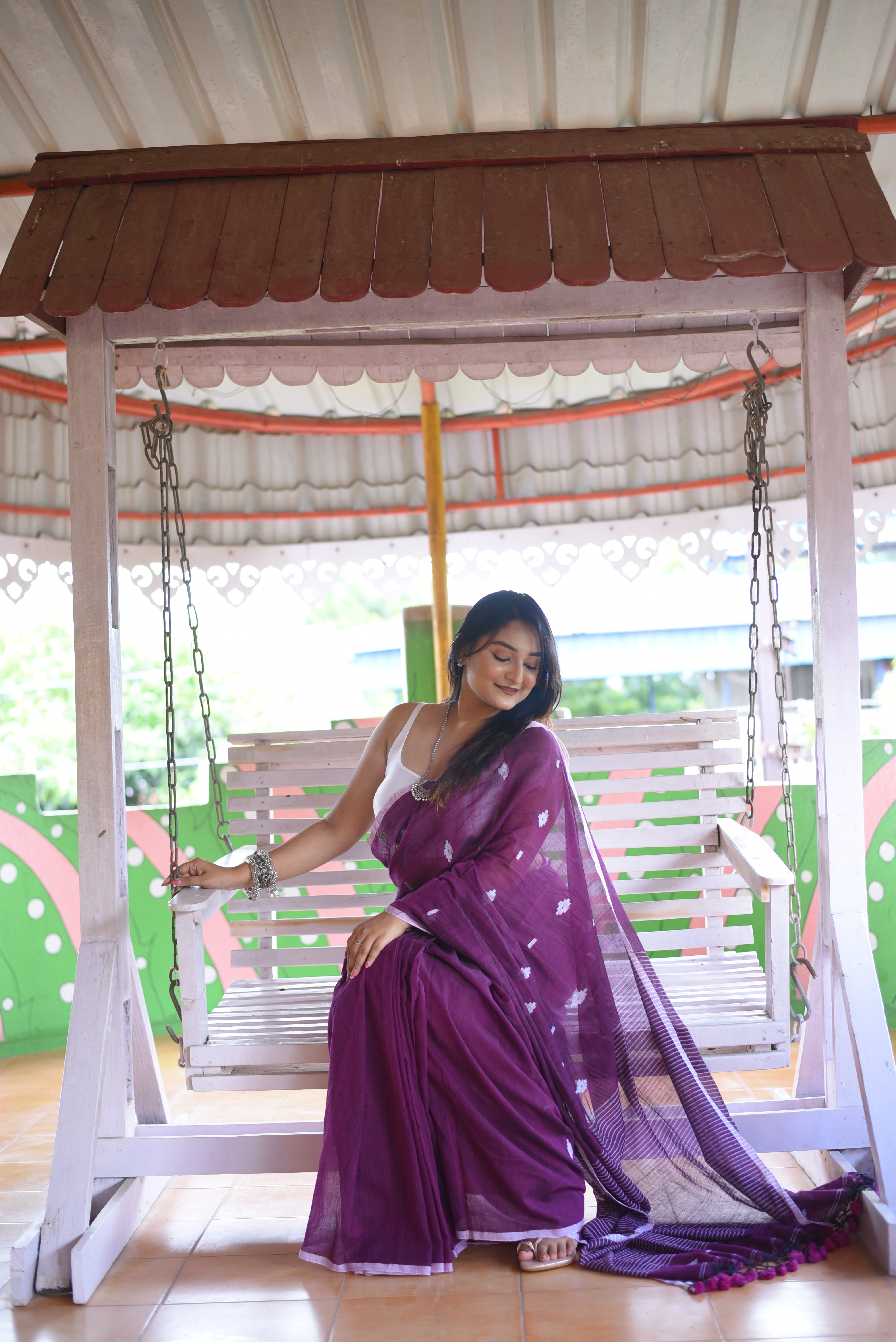 Purple Mulmul Cotton Handloom Jamdani Saree
