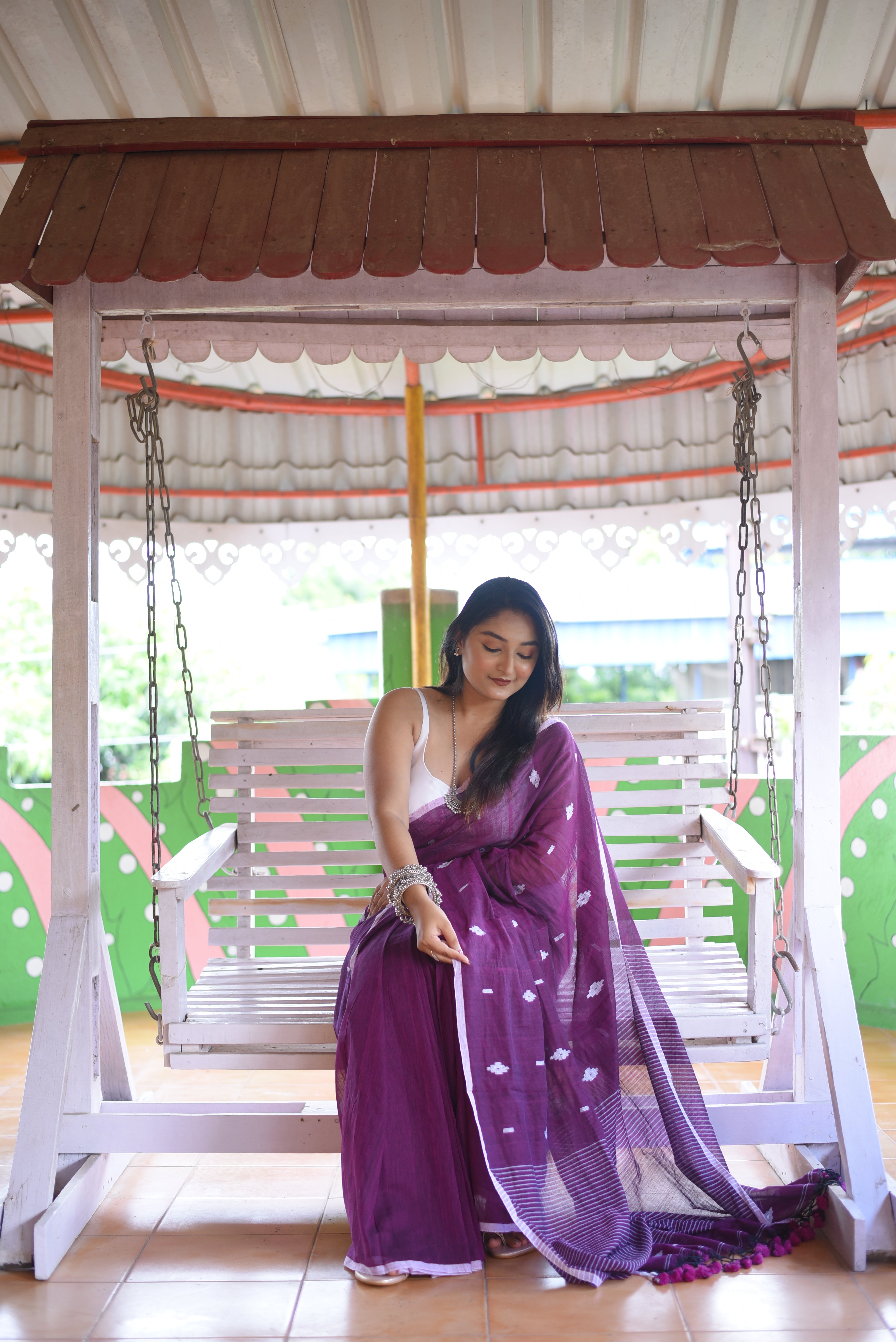 Purple Mulmul Cotton Handloom Jamdani Saree