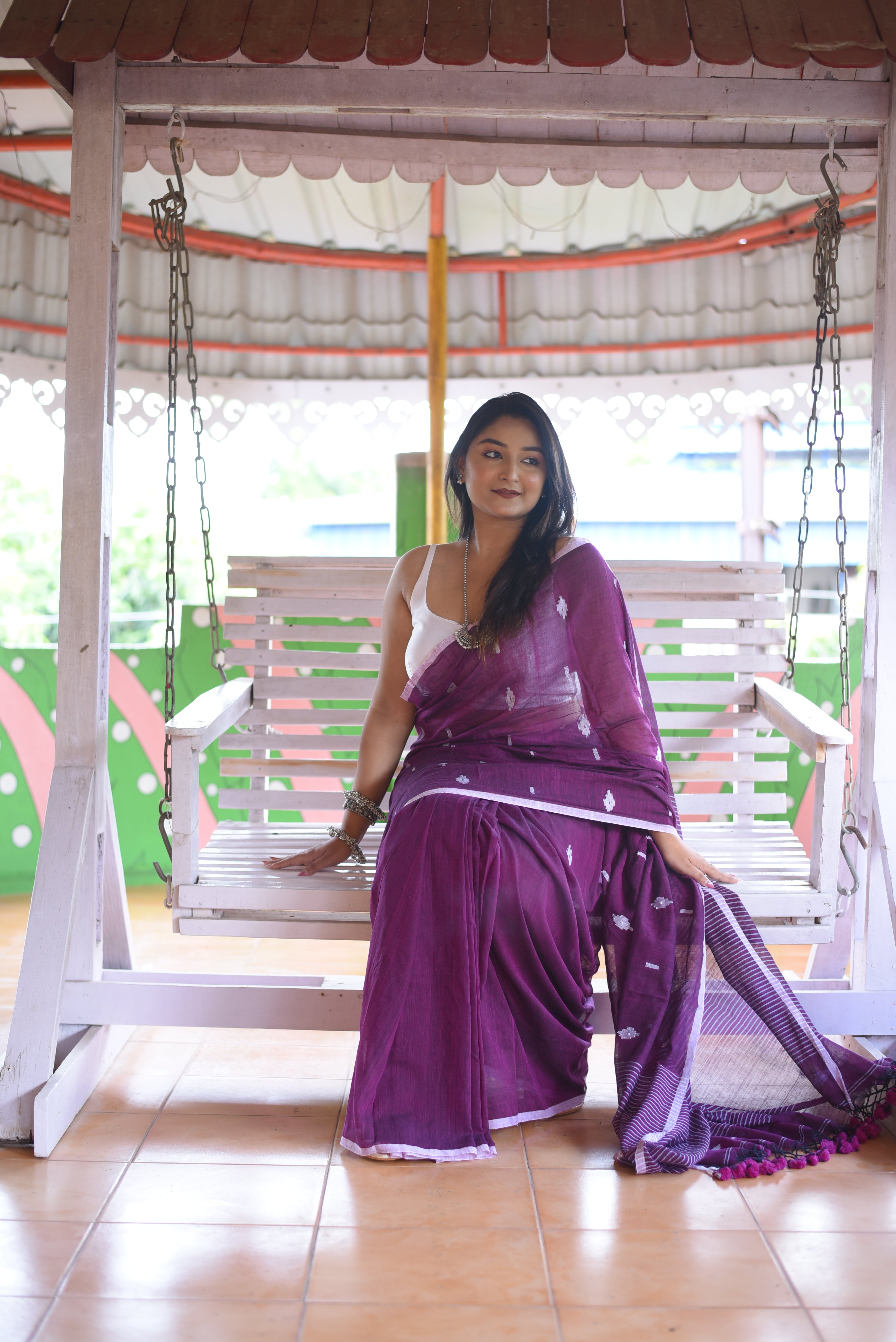 Purple Mulmul Cotton Handloom Jamdani Saree