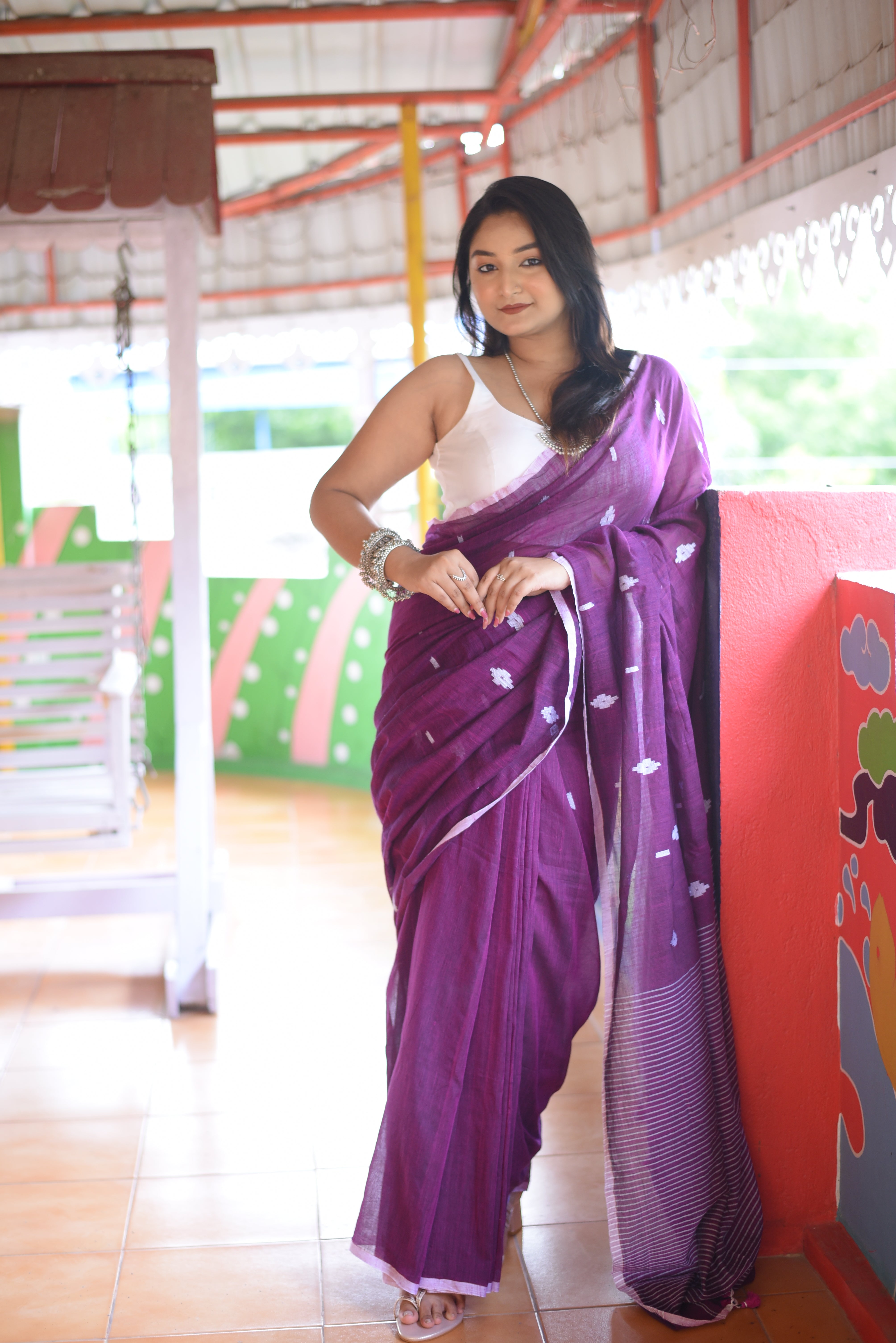 Purple Mulmul Cotton Handloom Jamdani Saree