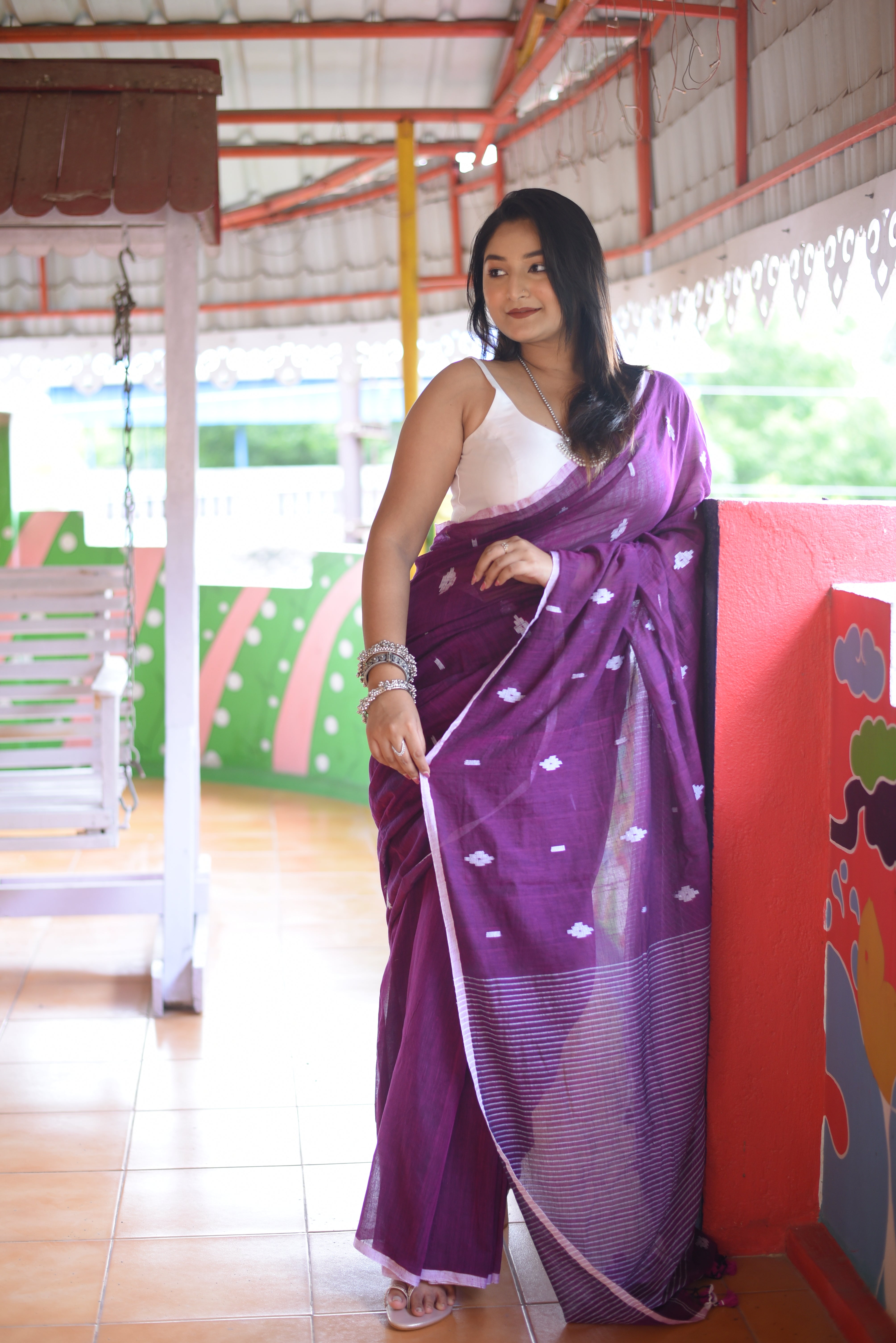Purple Mulmul Cotton Handloom Jamdani Saree