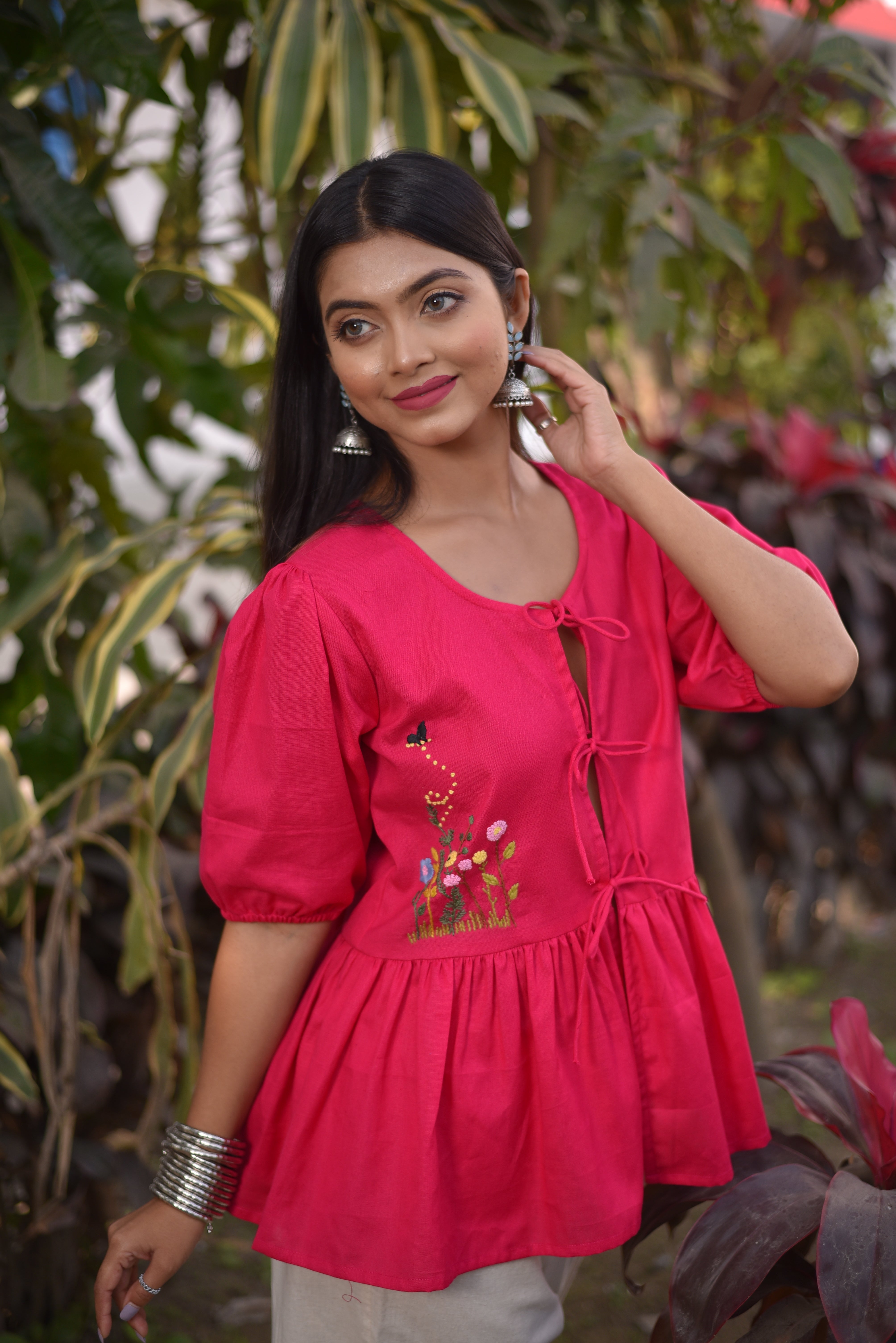 Hand Embroidered Pink Tops