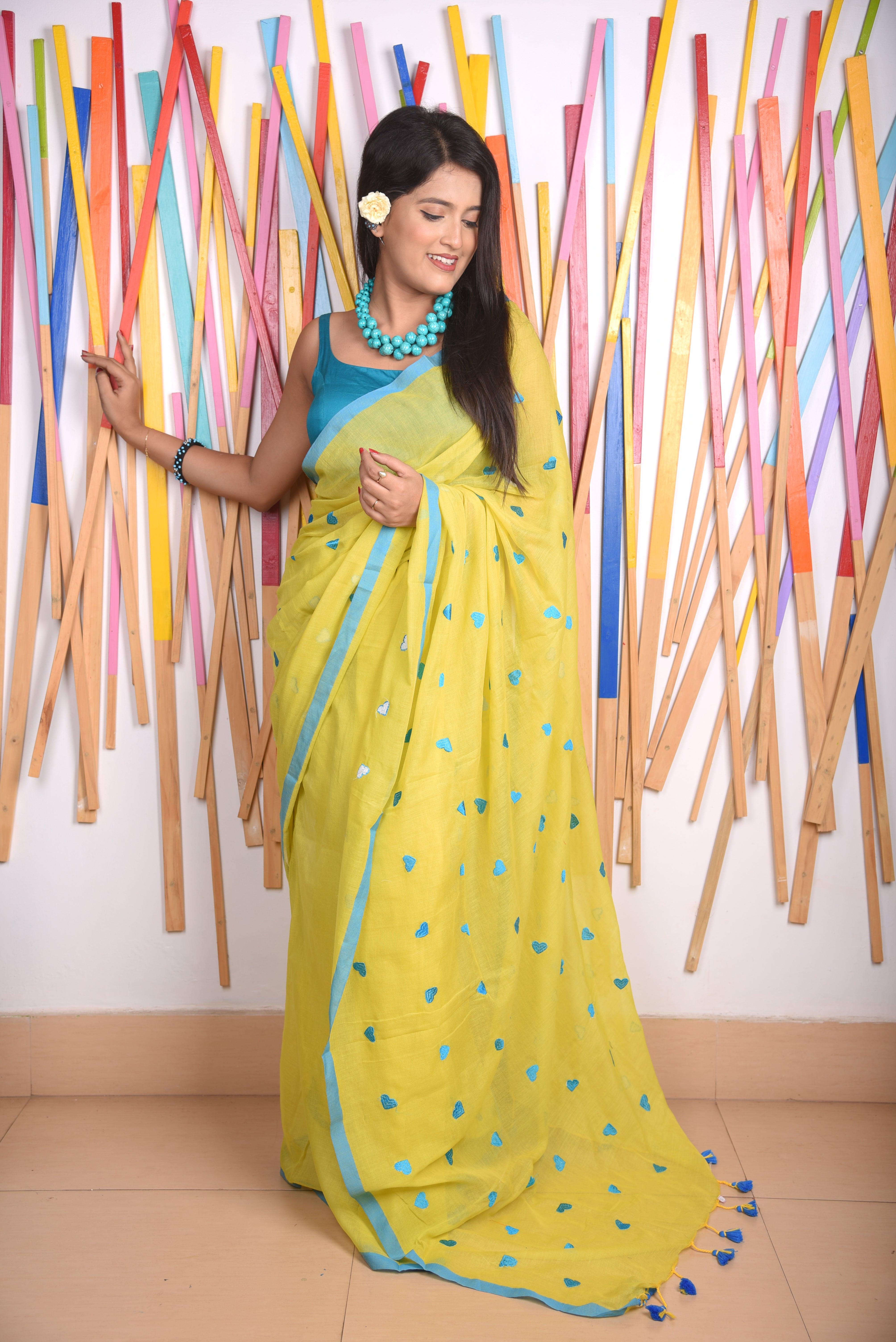 Yellow Mulmul Cotton Handloom Jamdani Saree