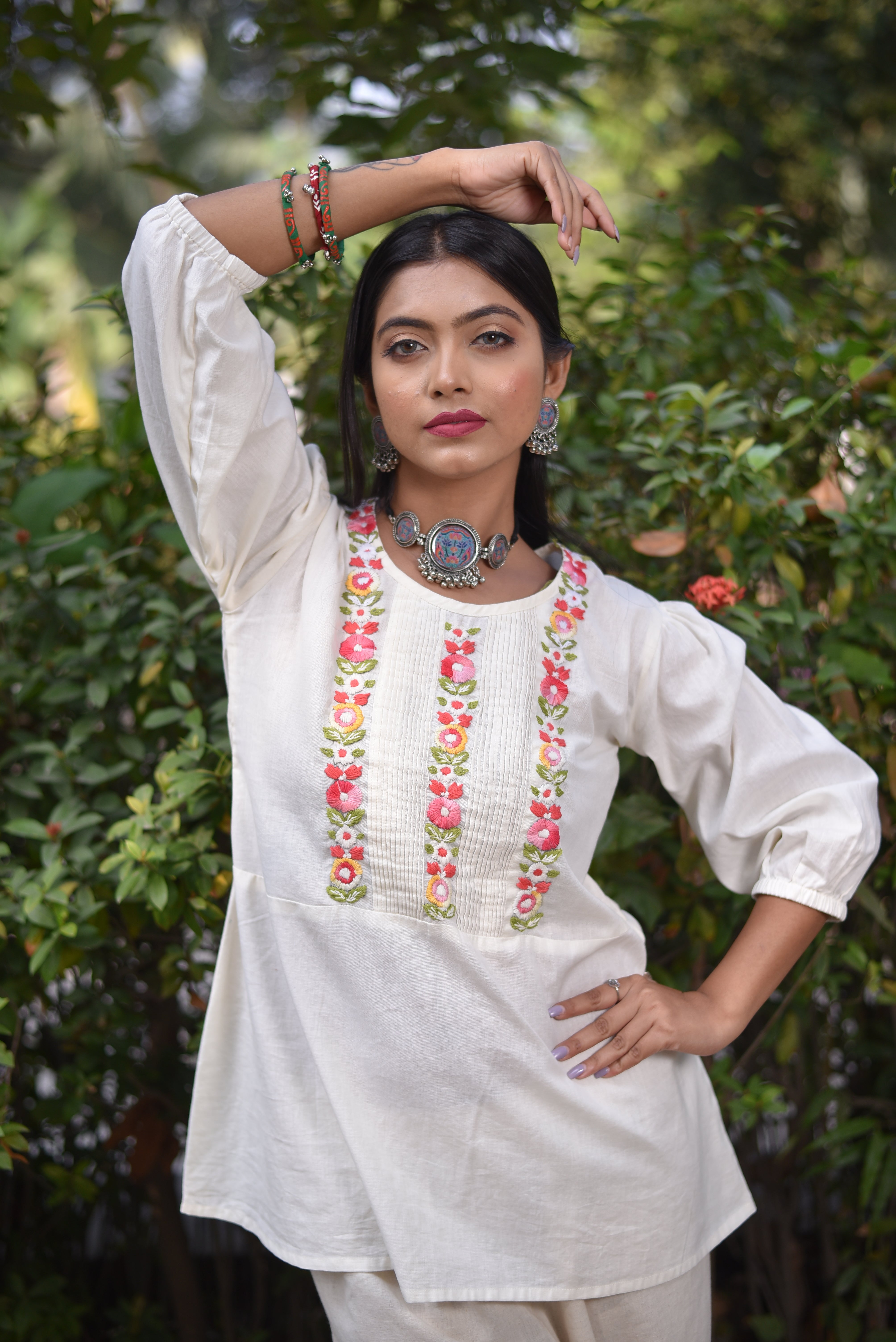 White Color Hand Embroidered Cotton Tunics