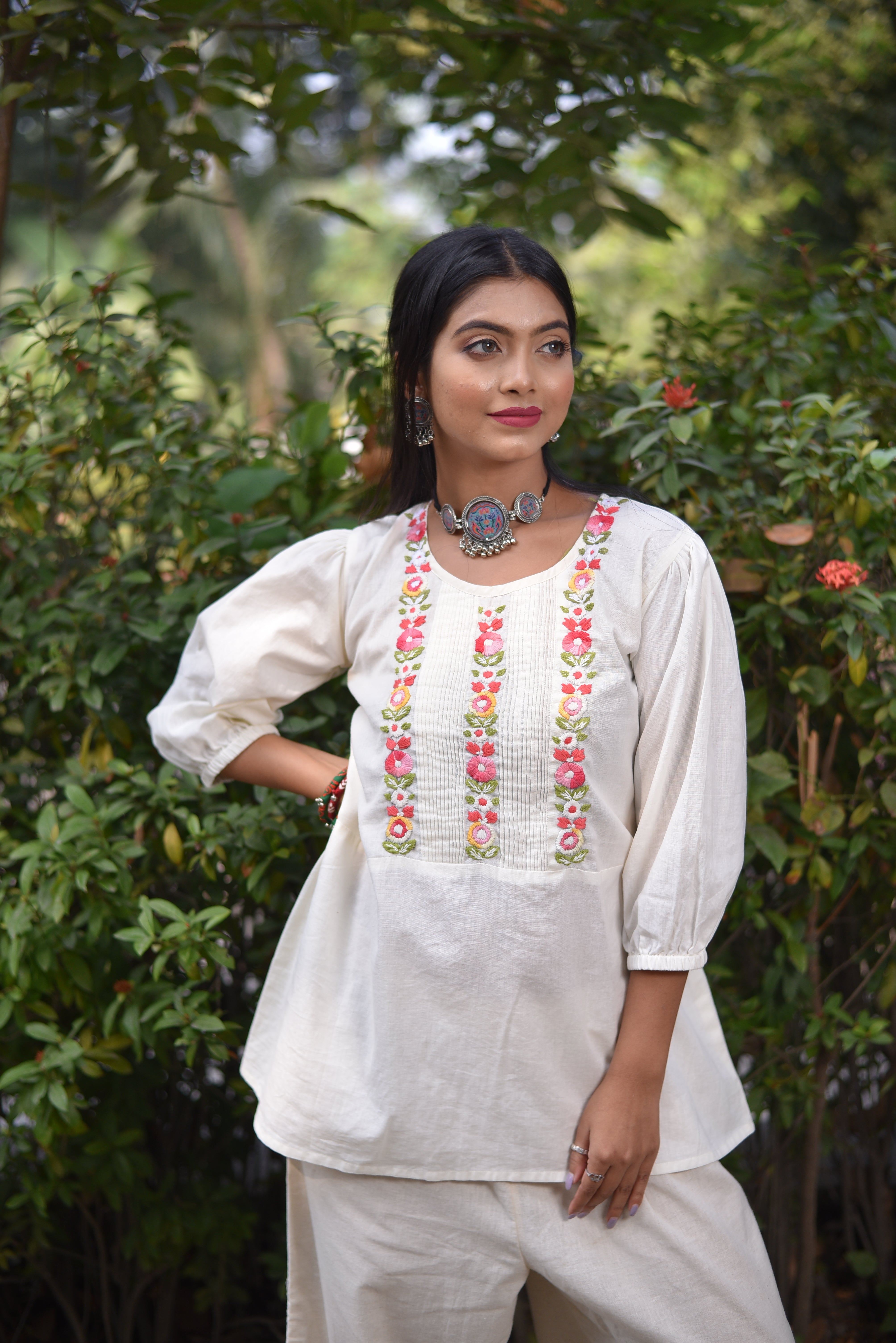 White Color Hand Embroidered Cotton Tunics