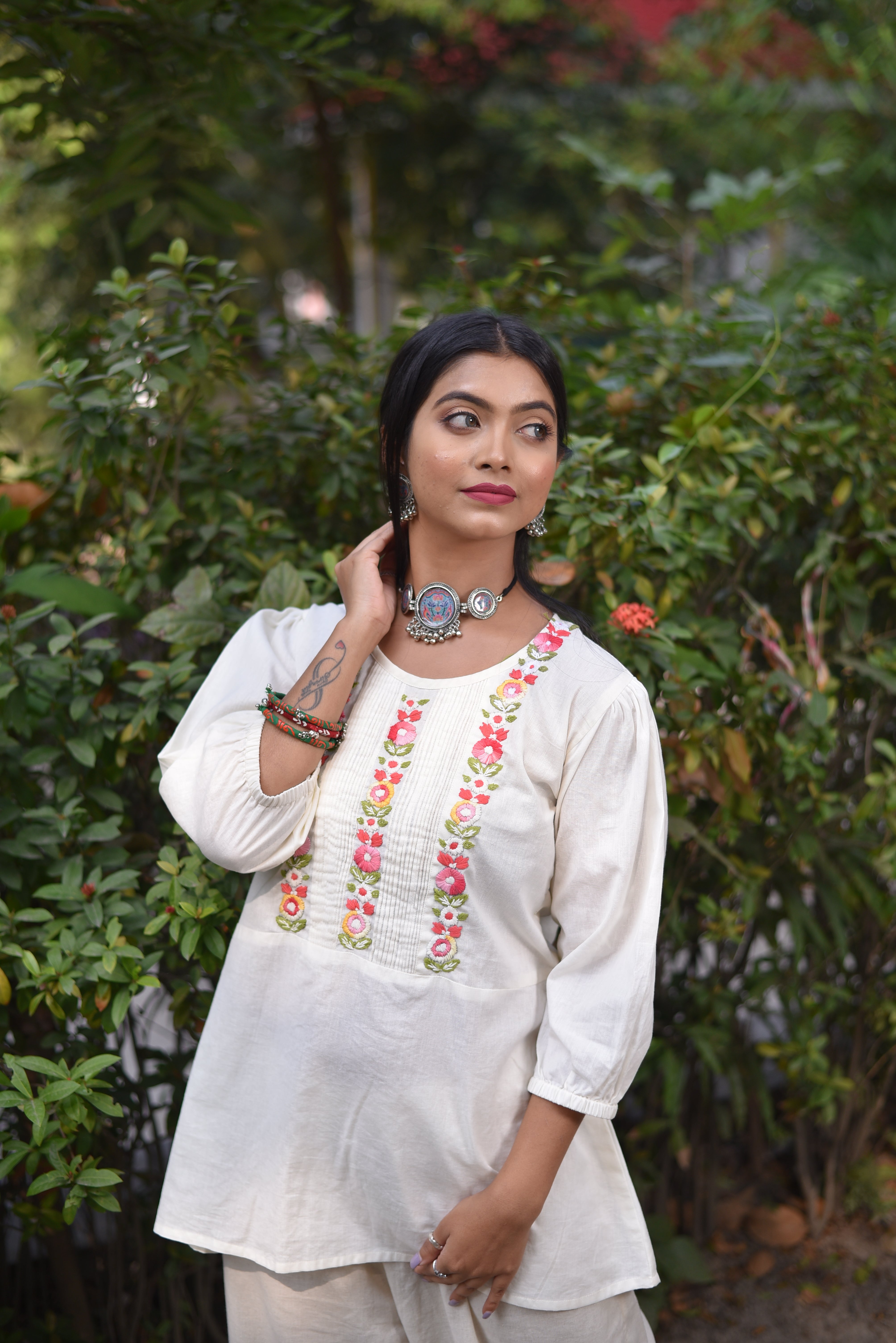 White Color Hand Embroidered Cotton Tunics