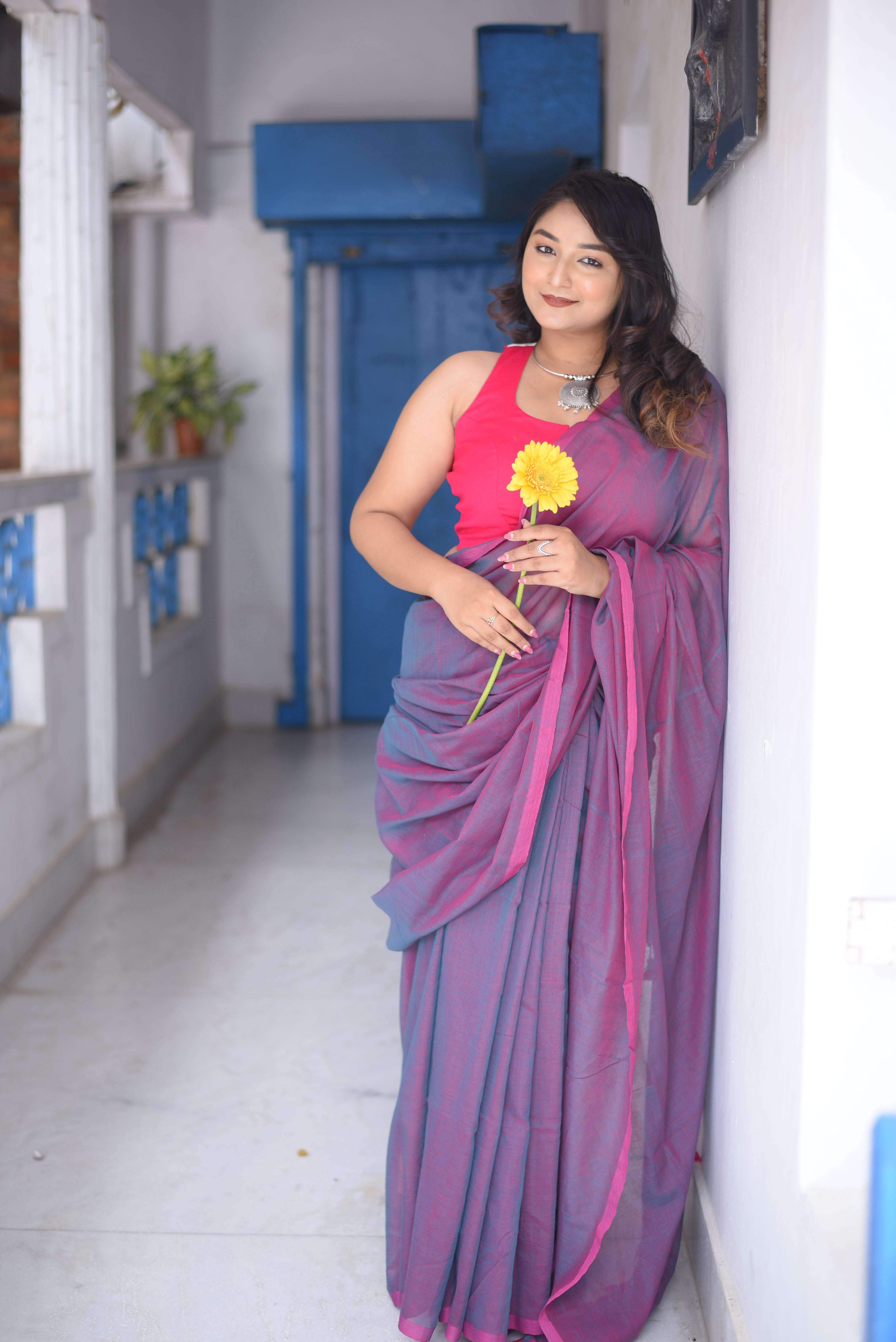 Purple Dual Tone Mulmul Cotton Handloom Saree