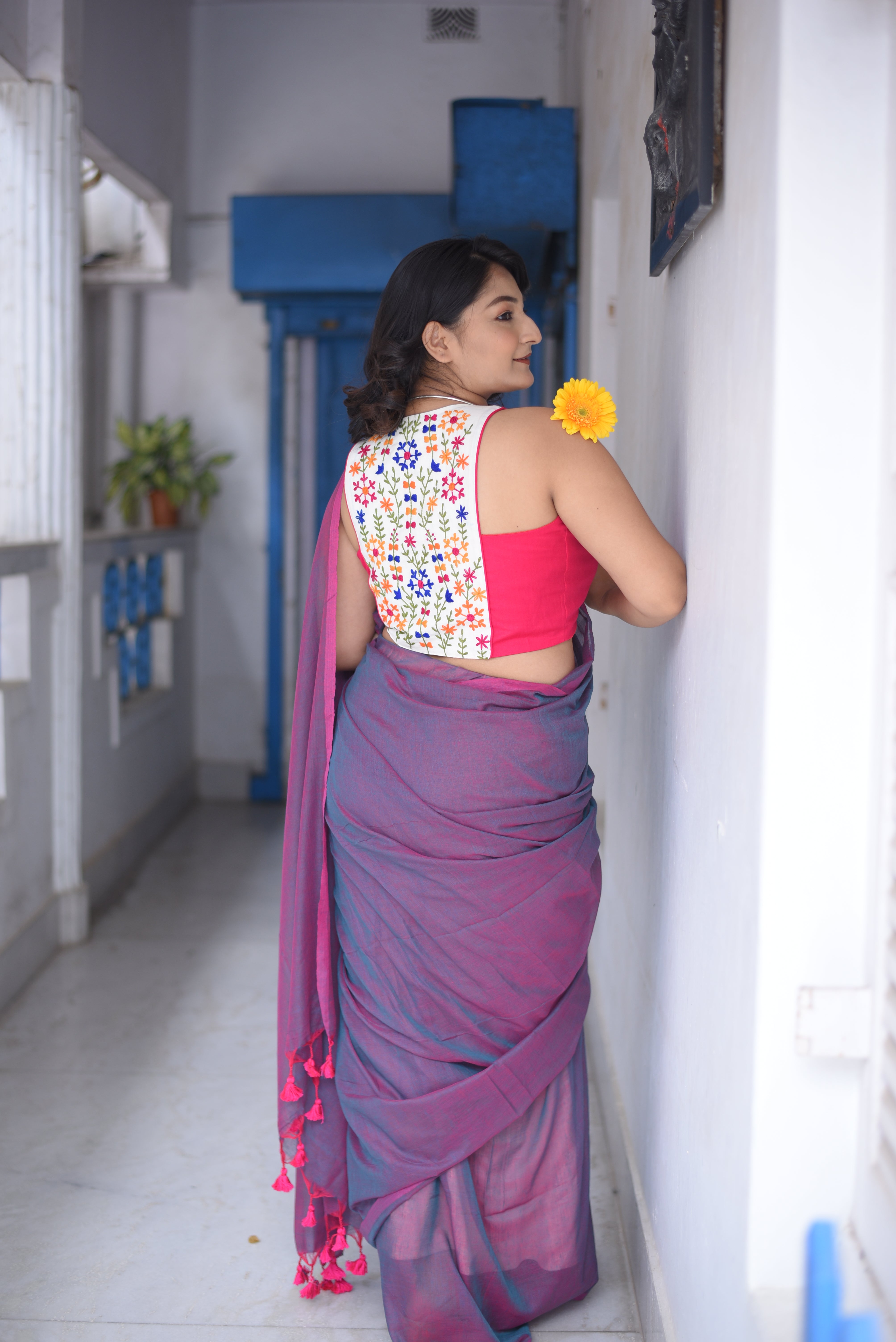 Purple Dual Tone Mulmul Cotton Handloom Saree