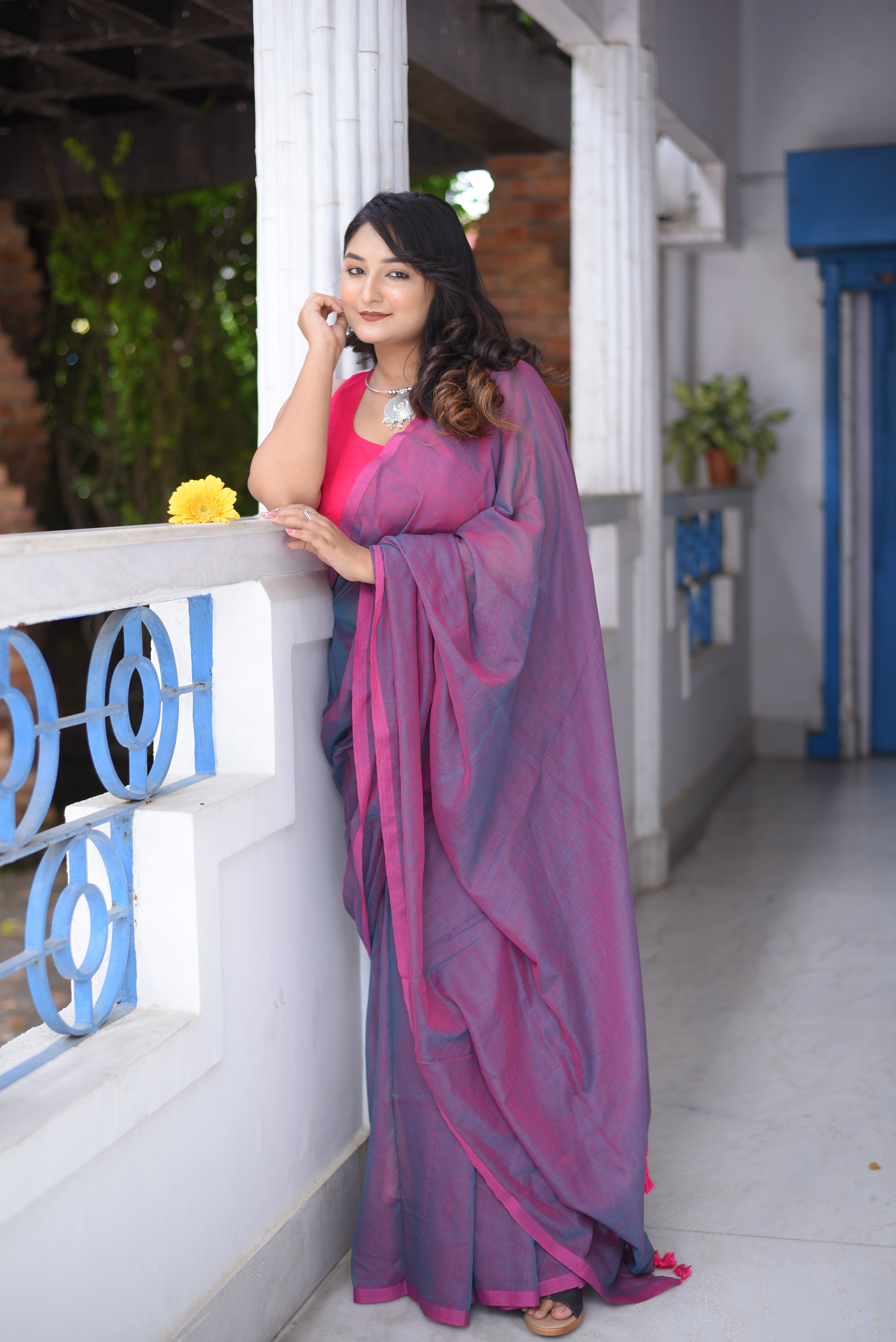 Purple Dual Tone Mulmul Cotton Handloom Saree