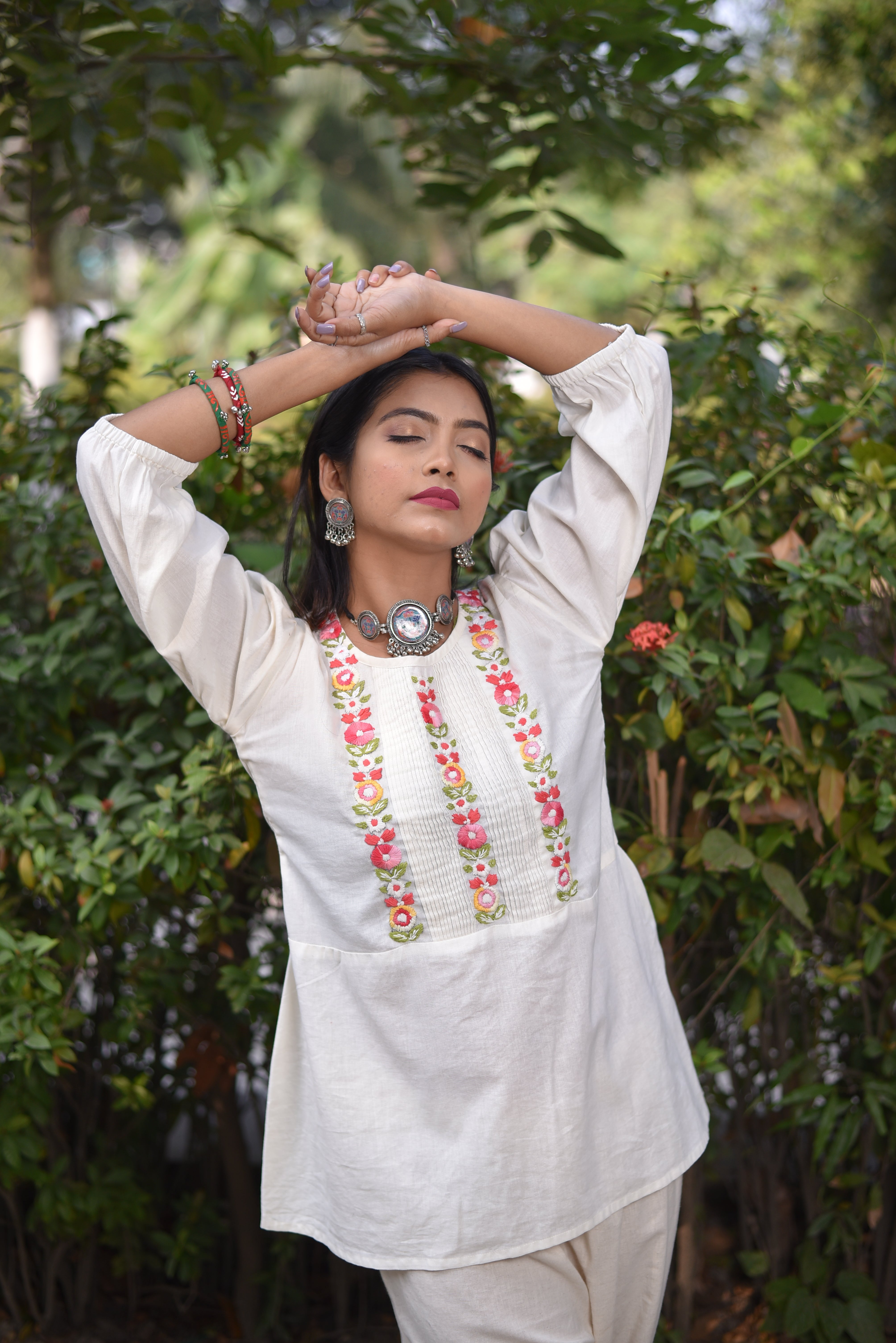 White Color Hand Embroidered Cotton Tunics