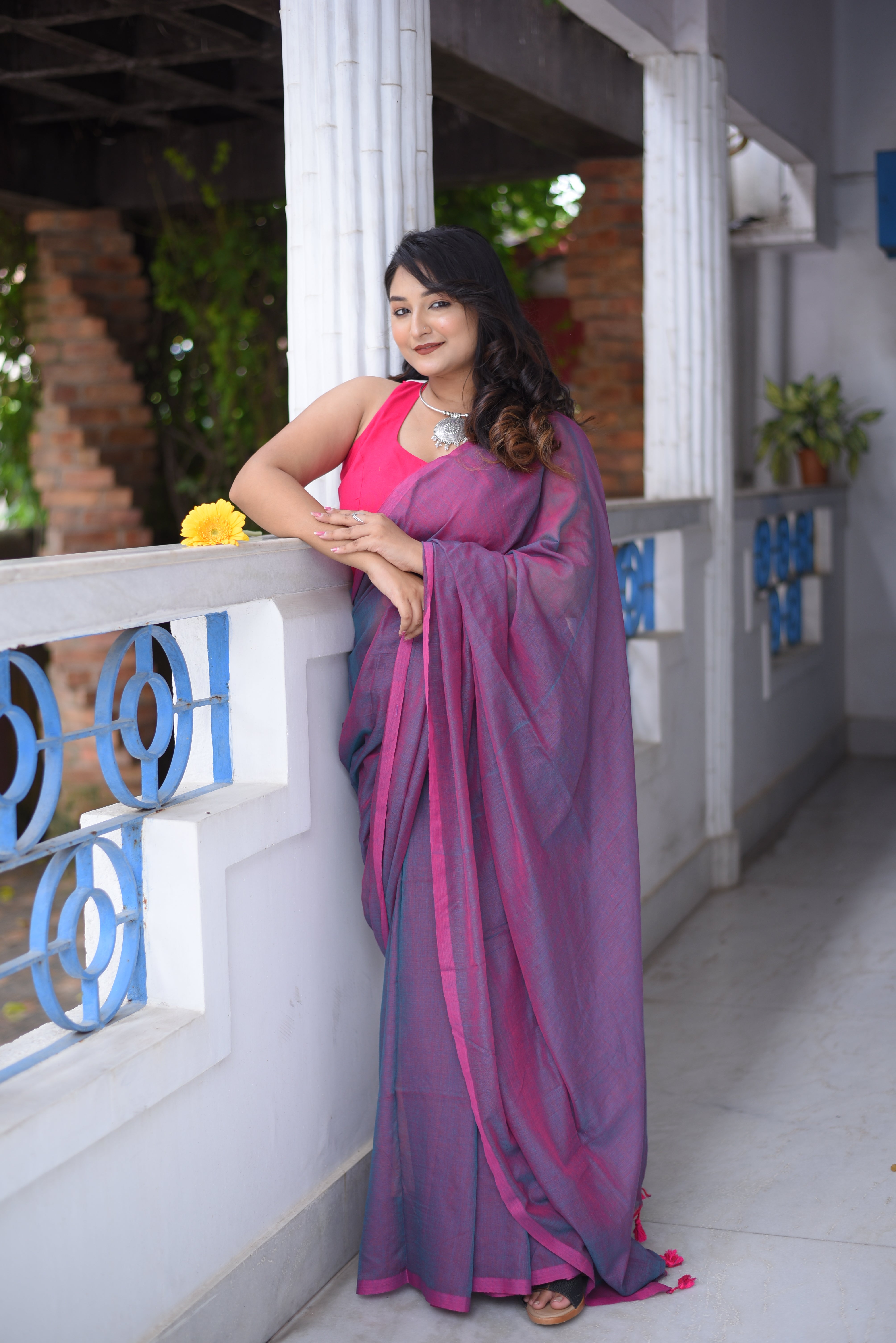 Purple Dual Tone Mulmul Cotton Handloom Saree