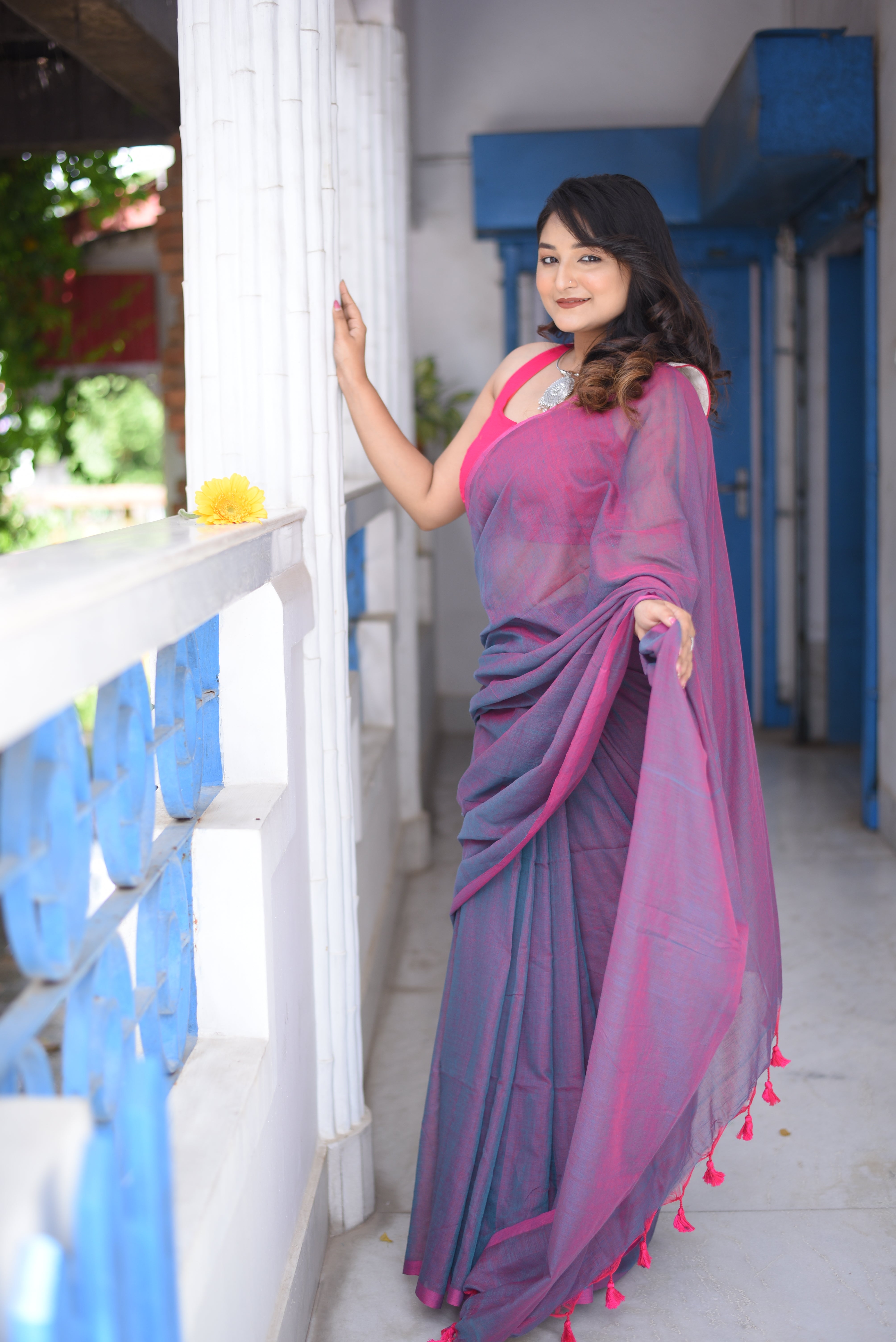 Purple Dual Tone Mulmul Cotton Handloom Saree