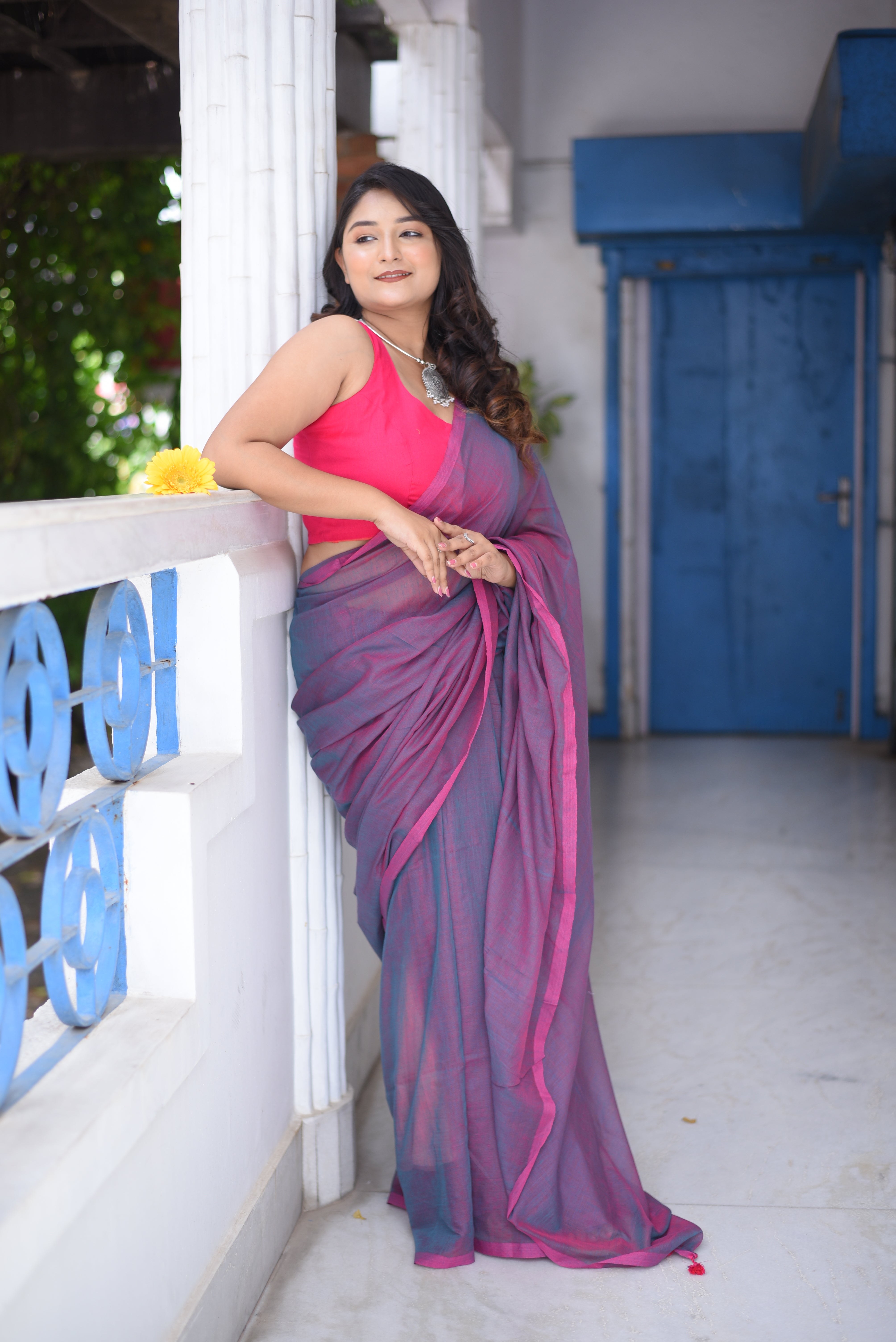 Purple Dual Tone Mulmul Cotton Handloom Saree