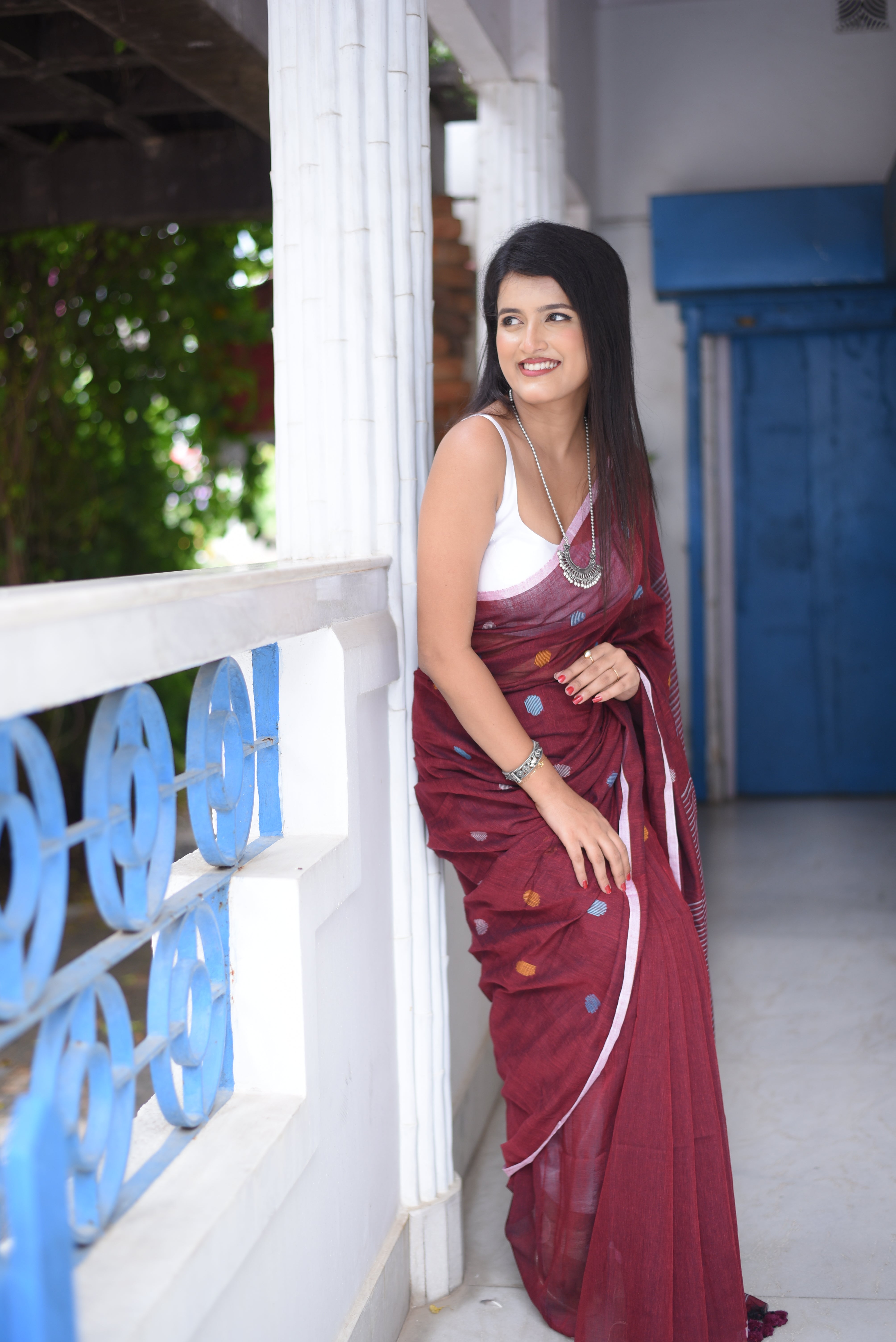 Maroon Mulmul Cotton Handloom Jamdani Saree