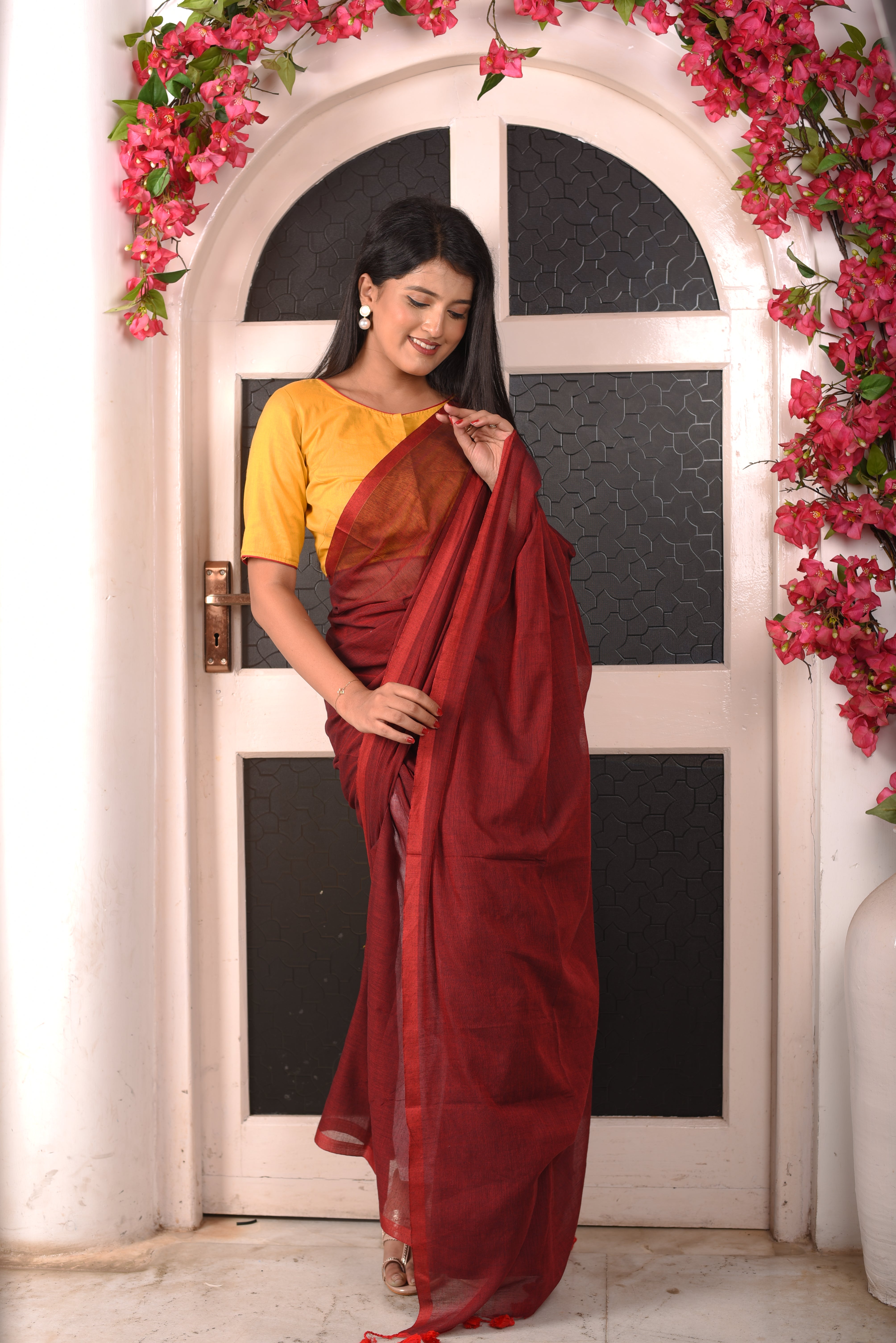Maroon Dual Tone Mulmul Cotton Handloom Saree