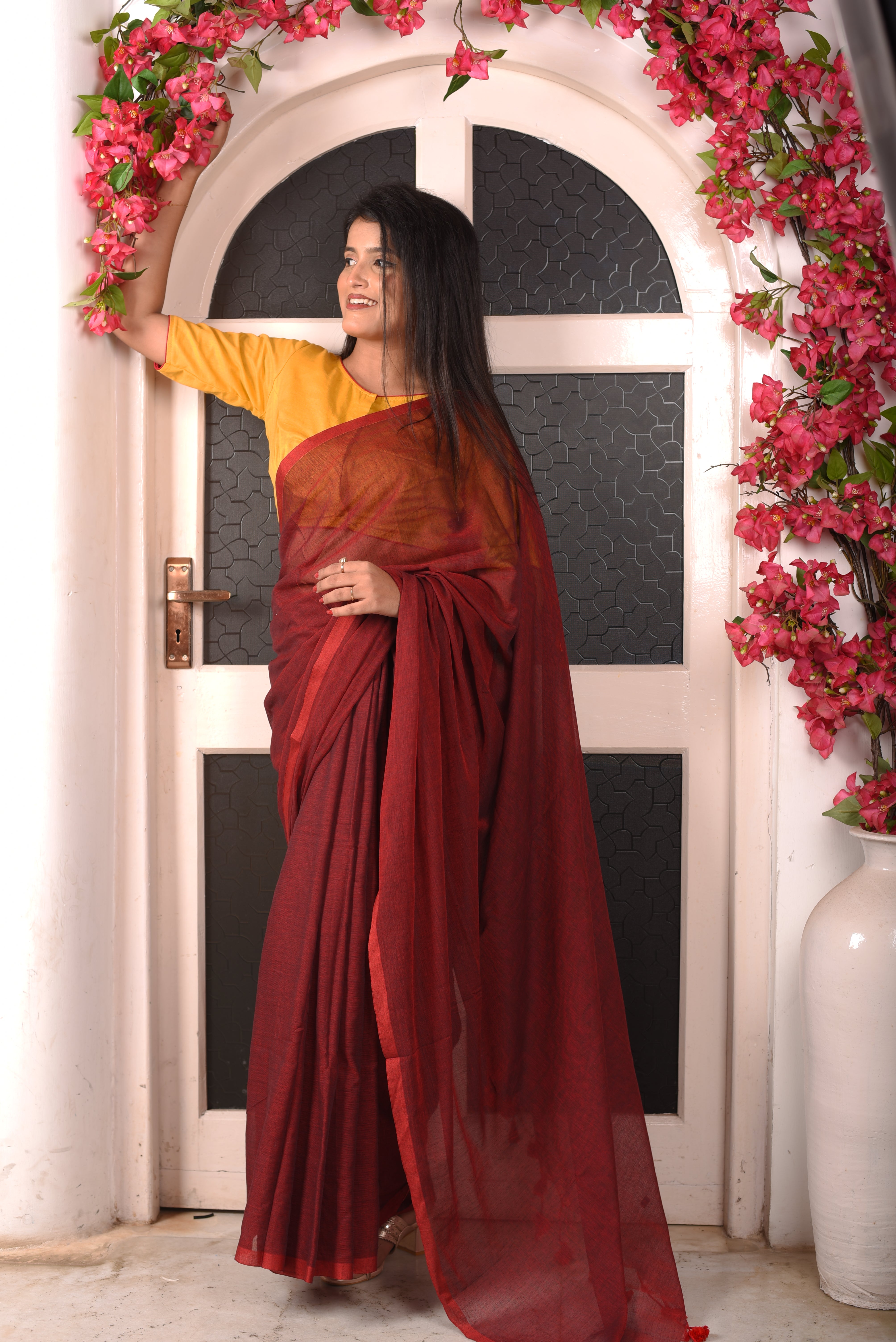 Maroon Dual Tone Mulmul Cotton Handloom Saree