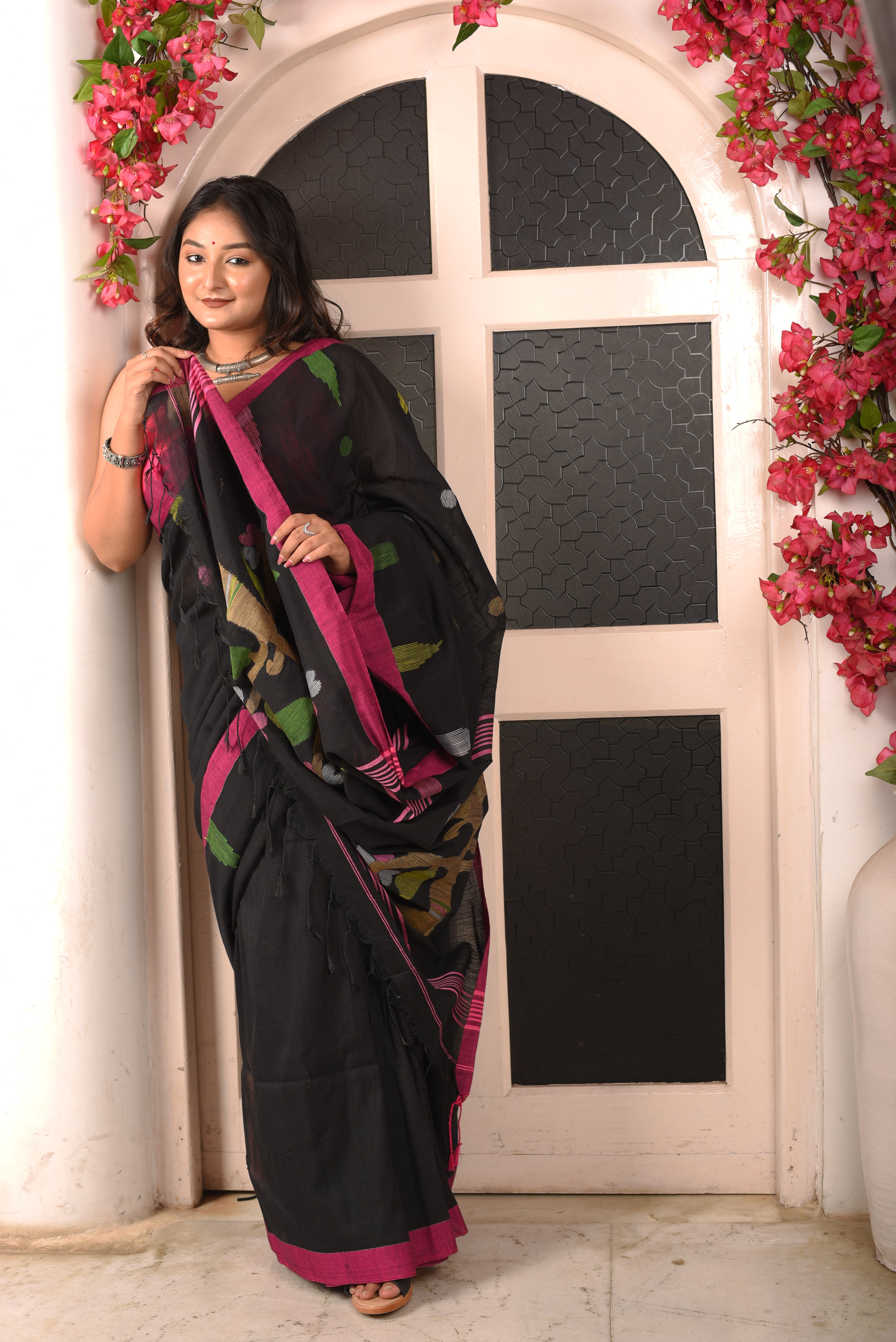 Black Cotton Handloom Jamdani Saree