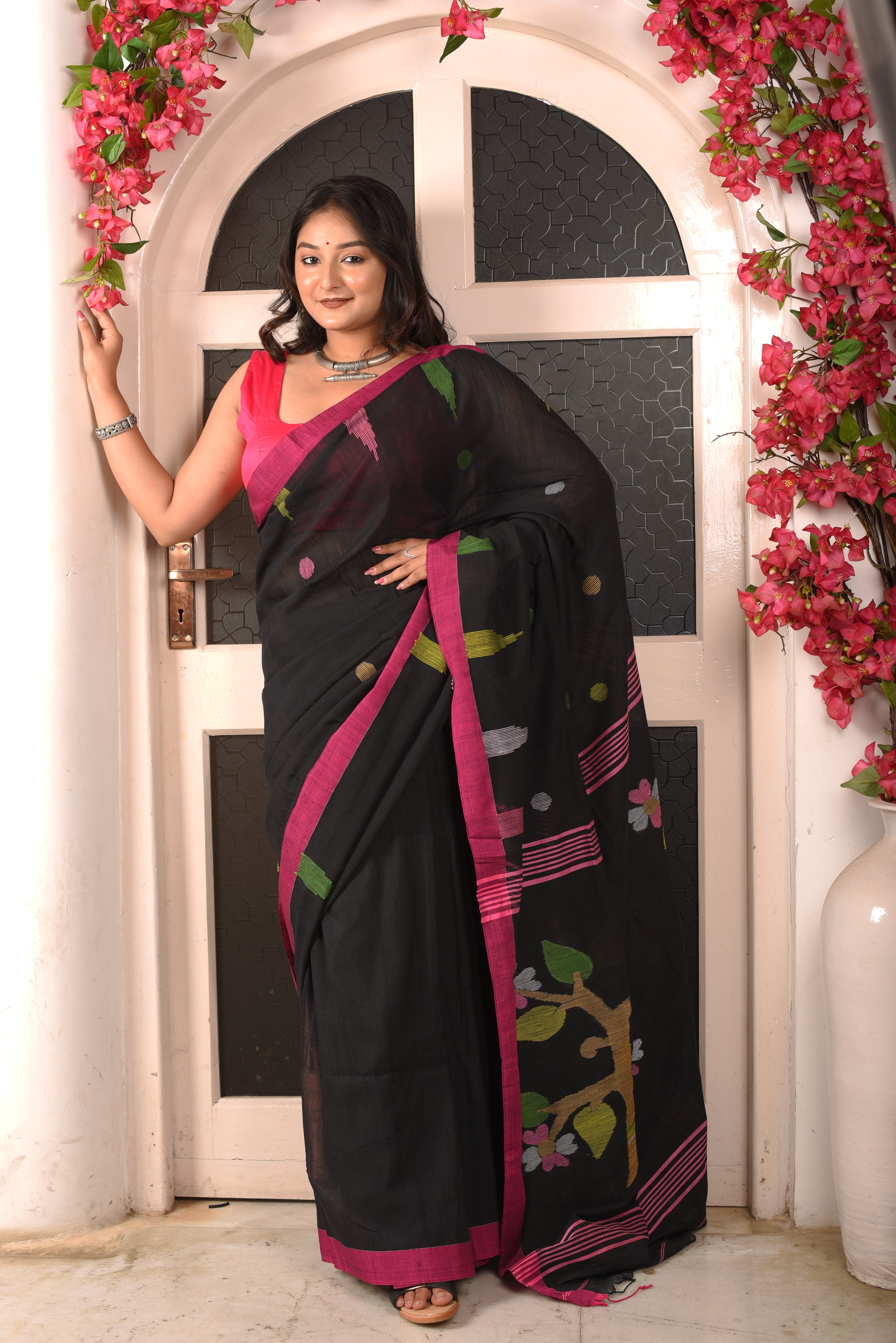 Black Cotton Handloom Jamdani Saree