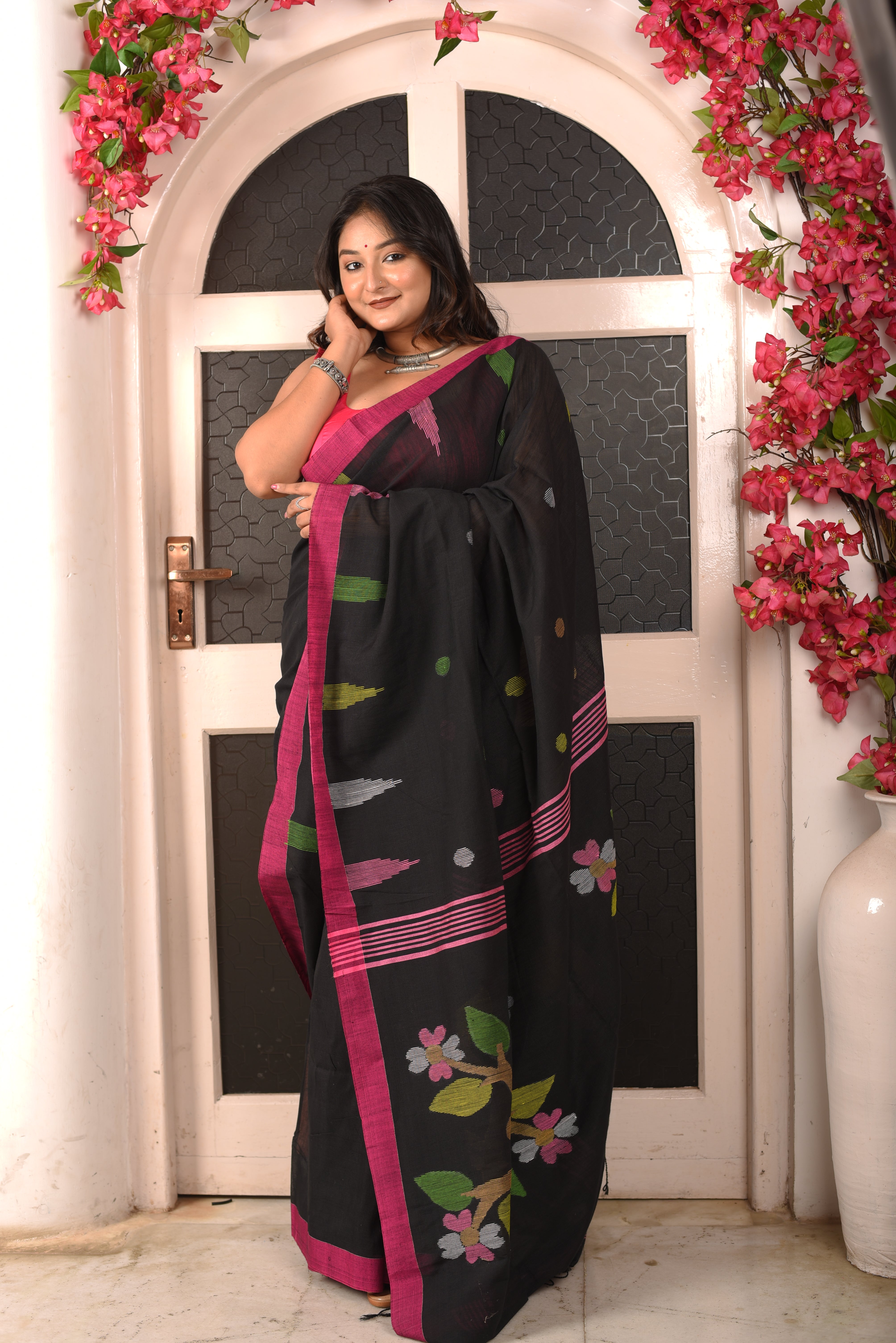 Black Cotton Handloom Jamdani Saree