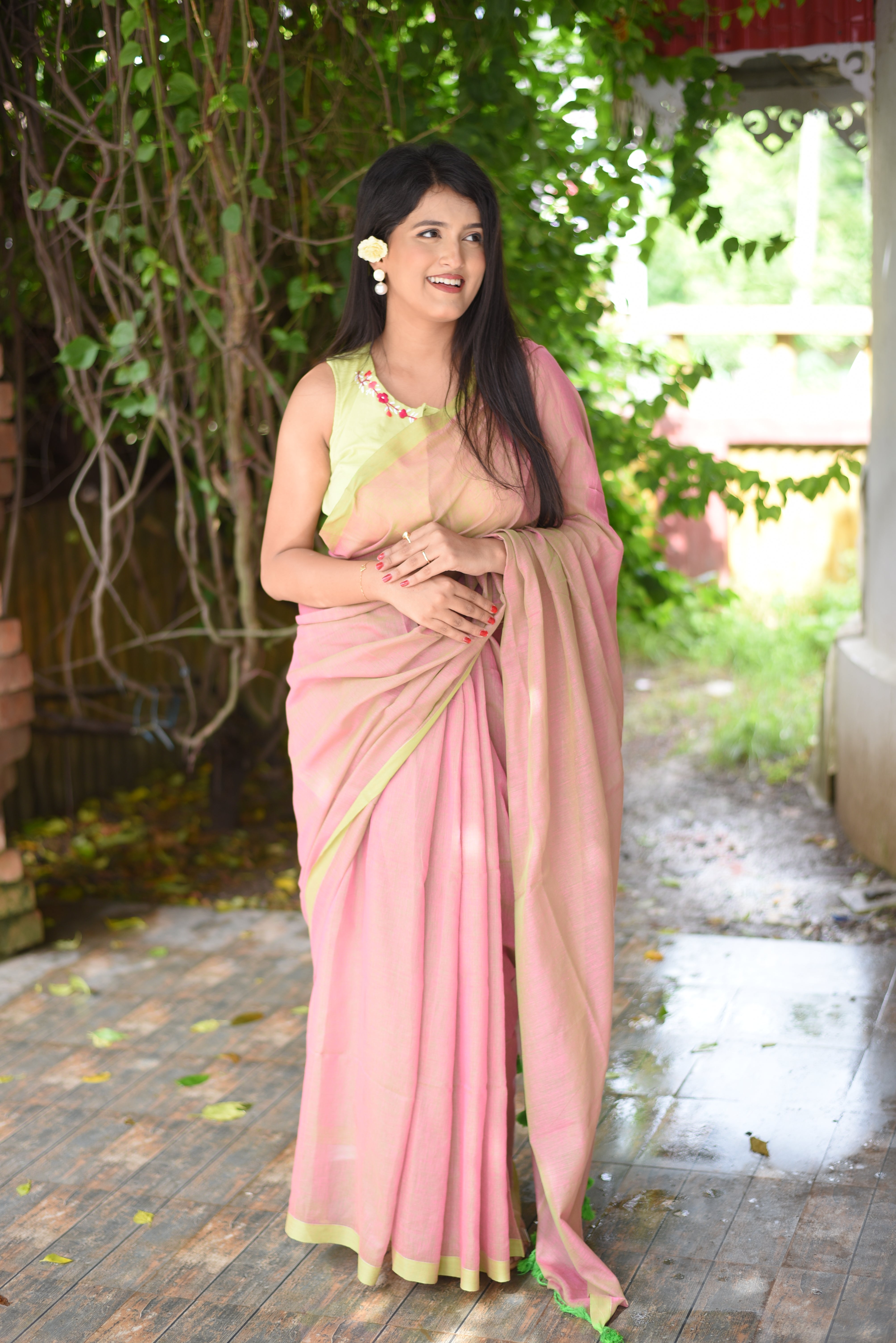 Peach Dual Tone Mulmul Cotton Handloom Saree