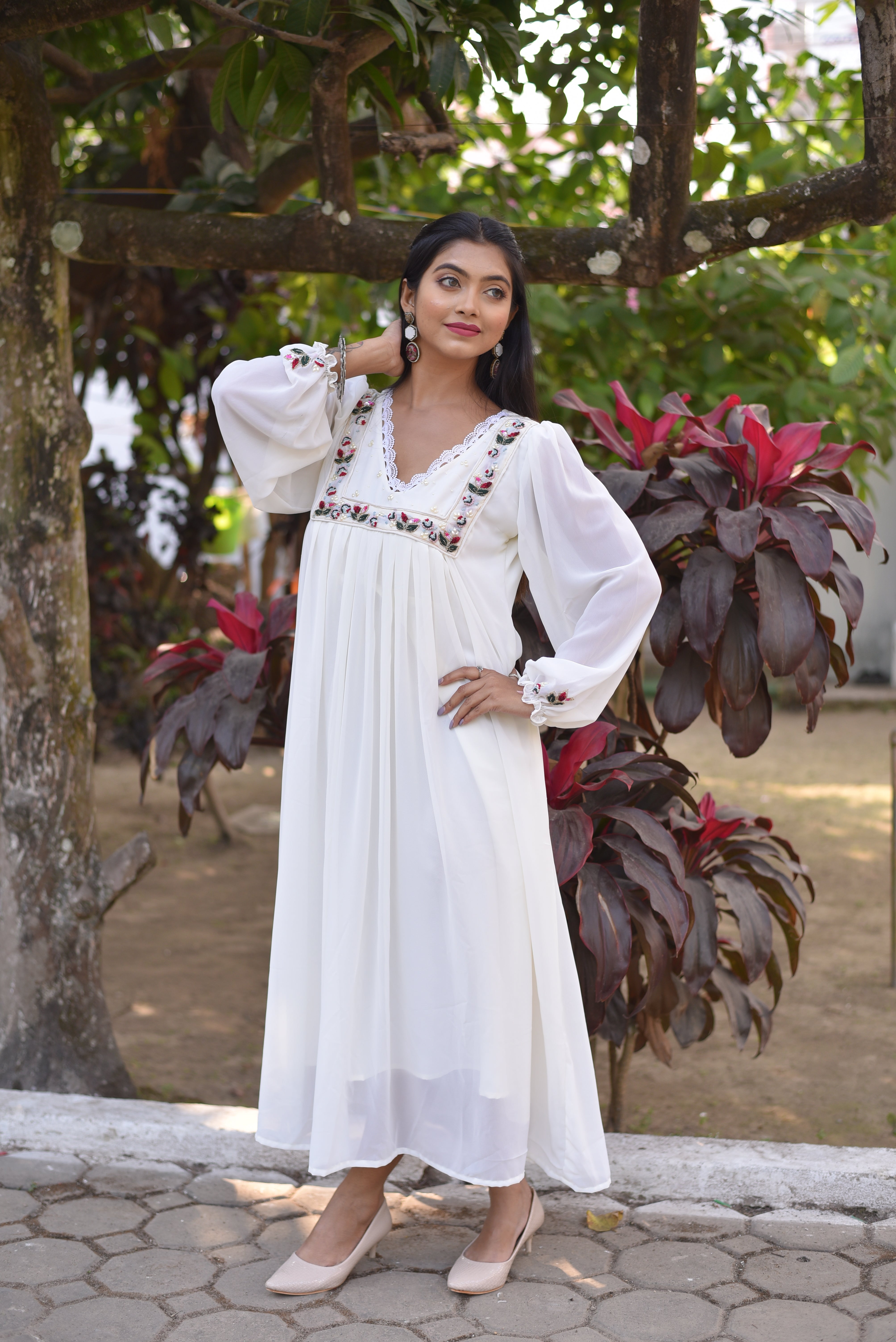 Hand Embroidered Off White A-Line Dress