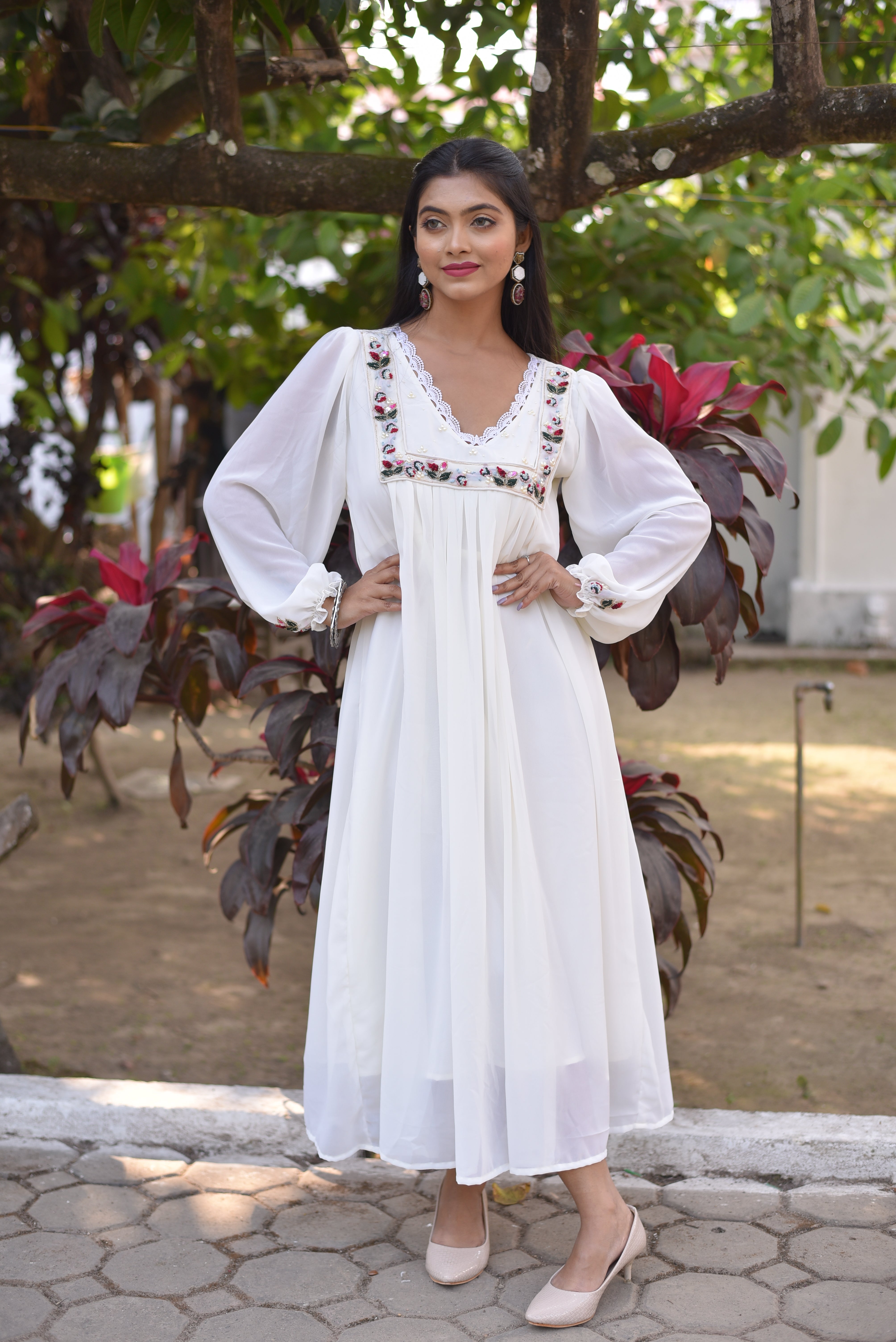 Hand Embroidered Off White A-Line Dress