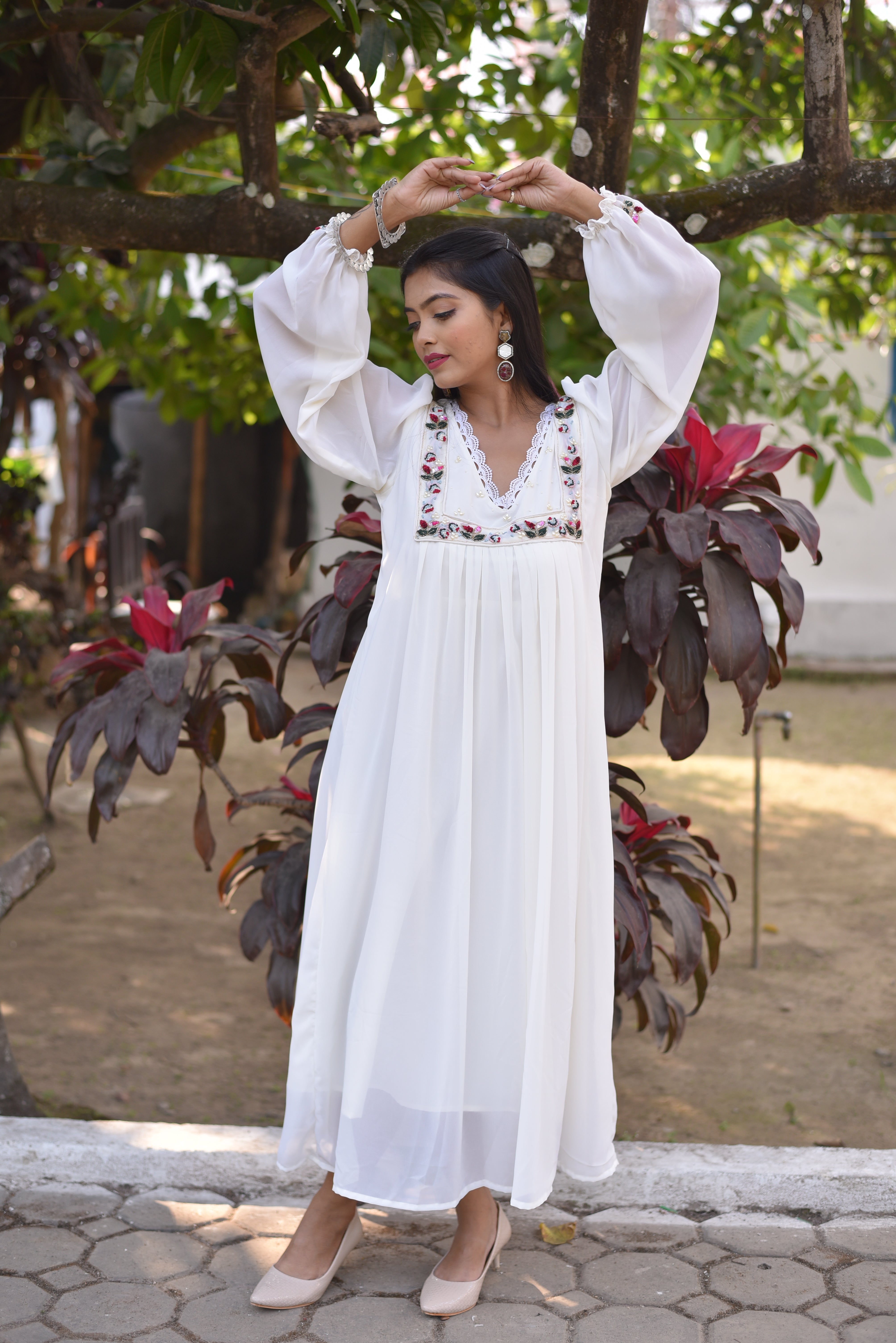 Hand Embroidered Off White A-Line Dress