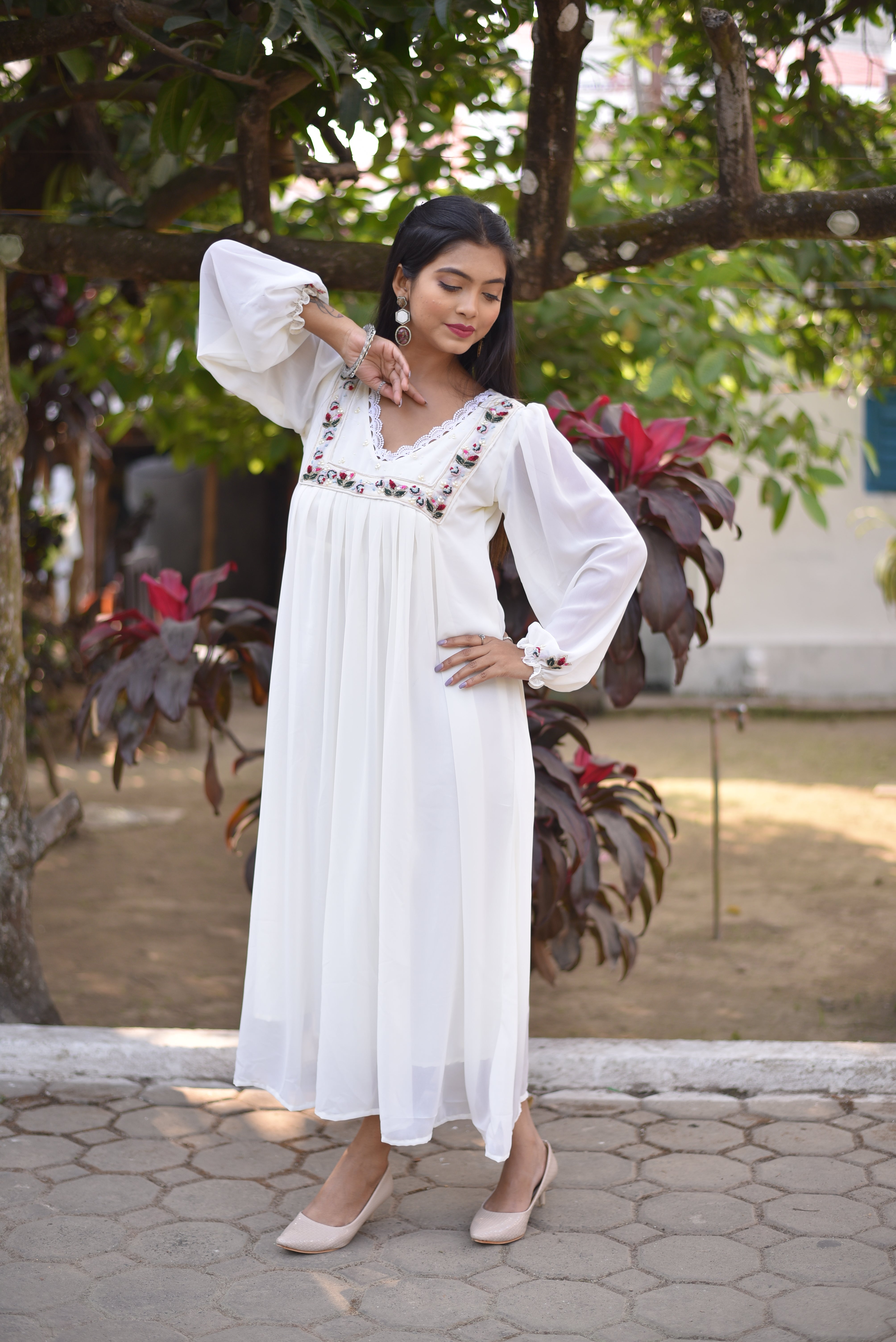 Hand Embroidered Off White A-Line Dress