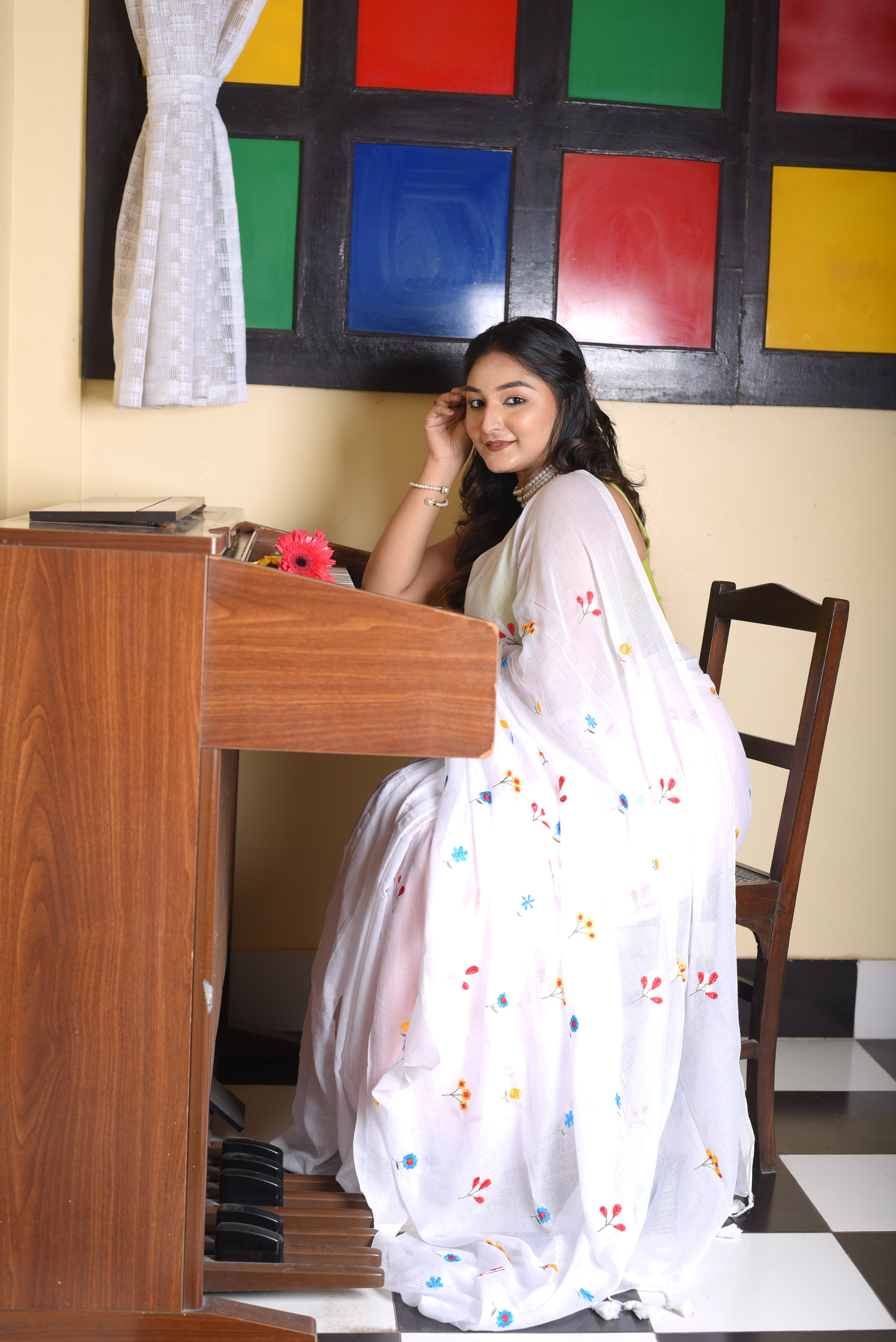 White Mulmul Cotton Embroidery Saree