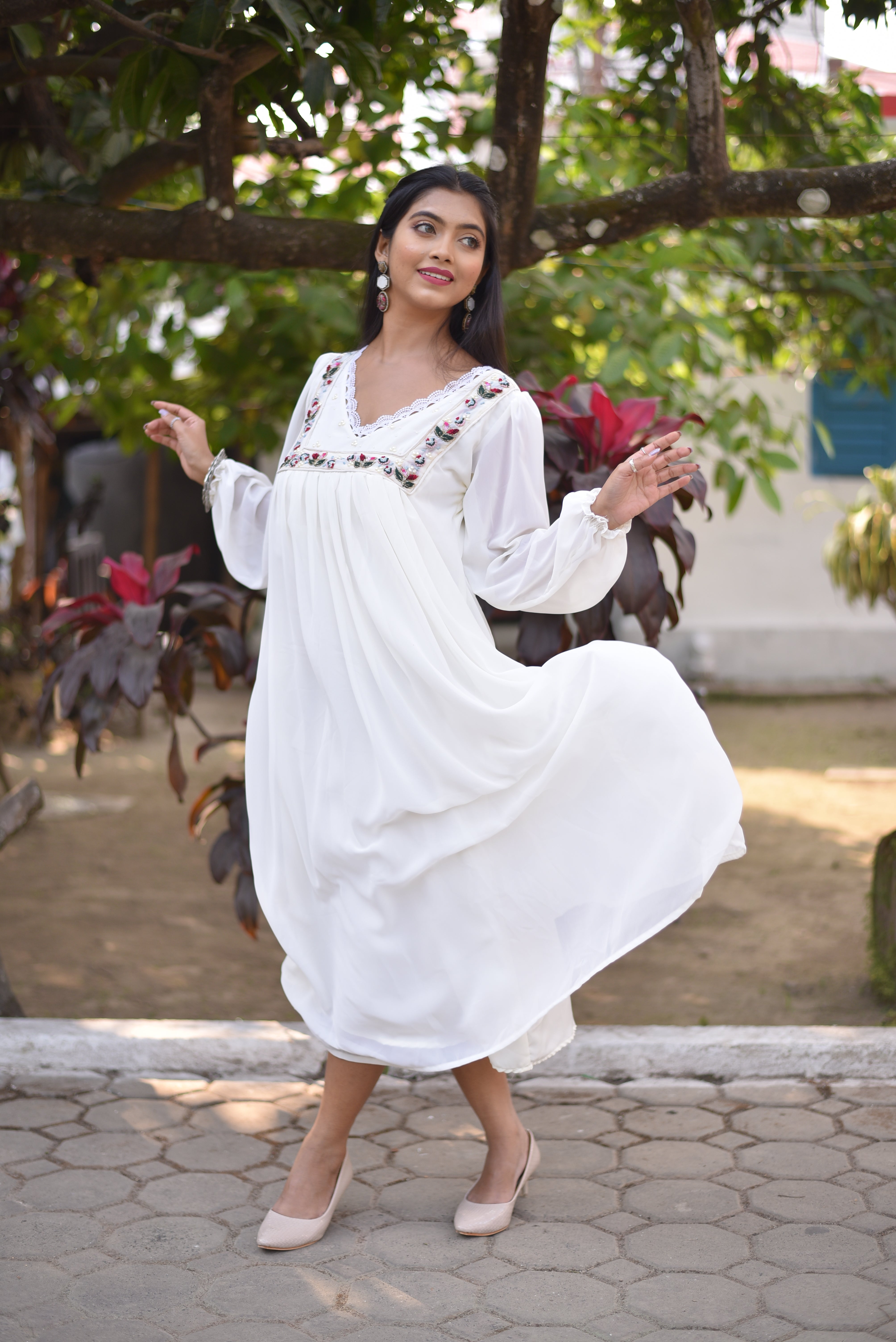 Hand Embroidered Off White A-Line Dress