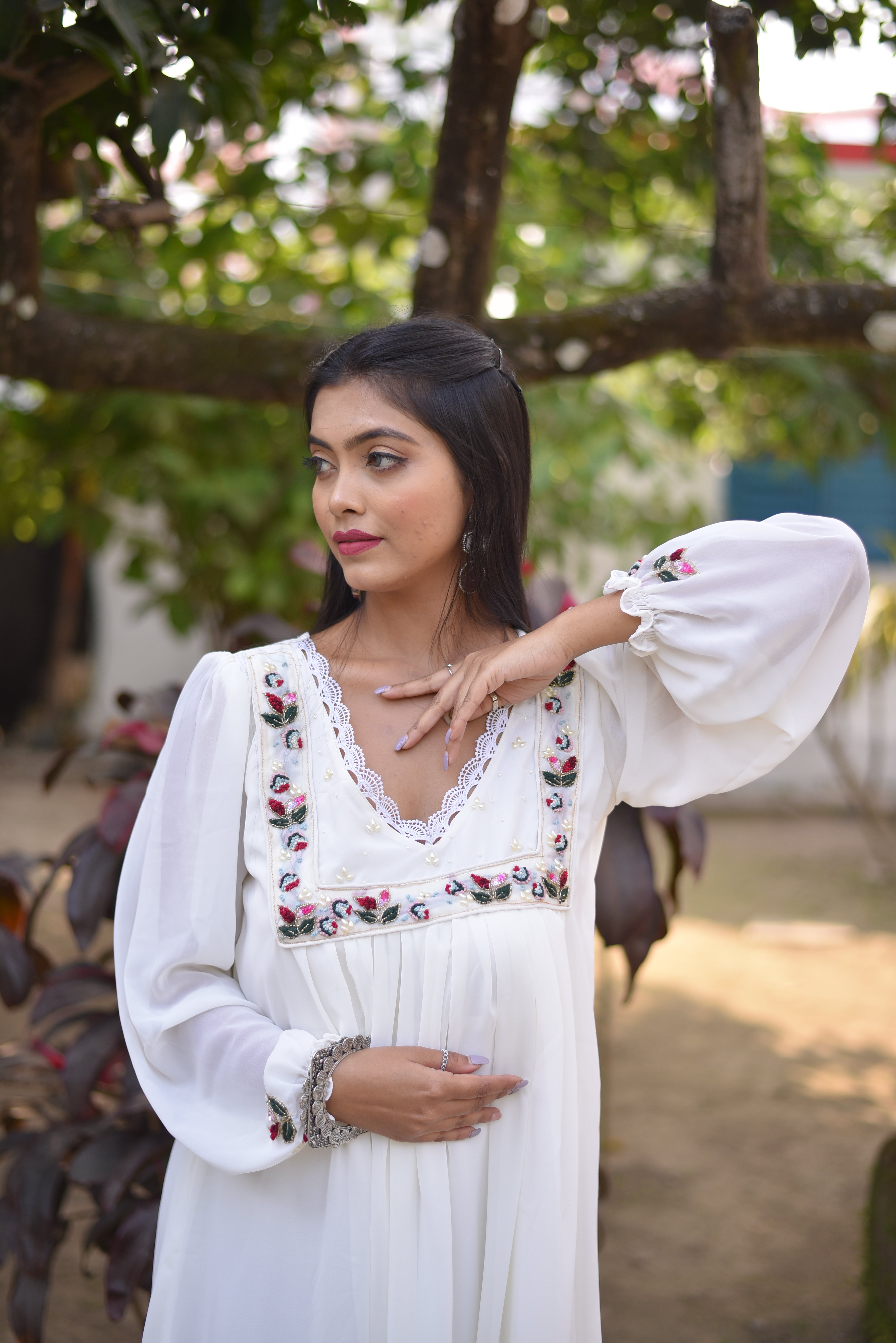 Hand Embroidered Off White A-Line Dress