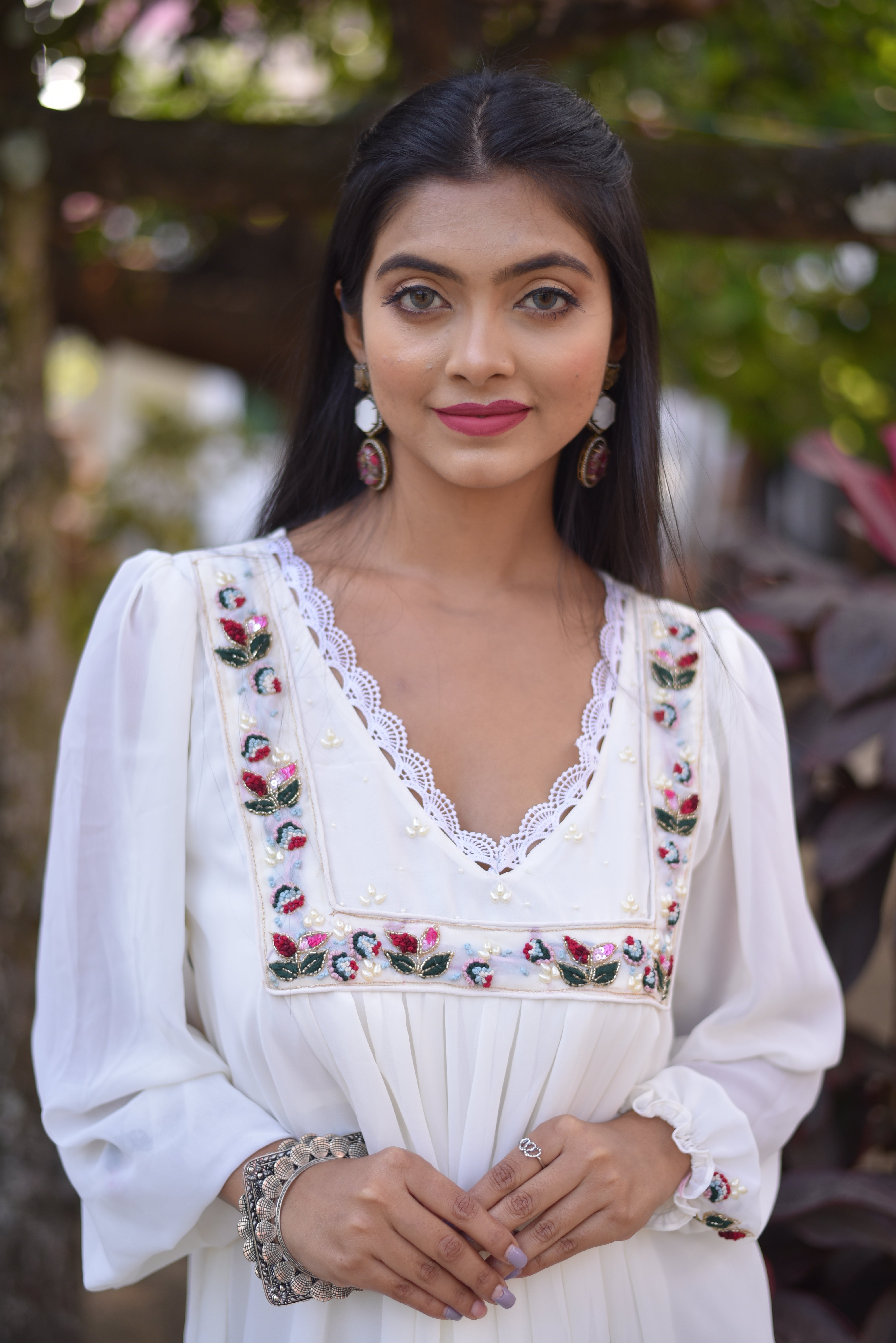 Hand Embroidered Off White A-Line Dress