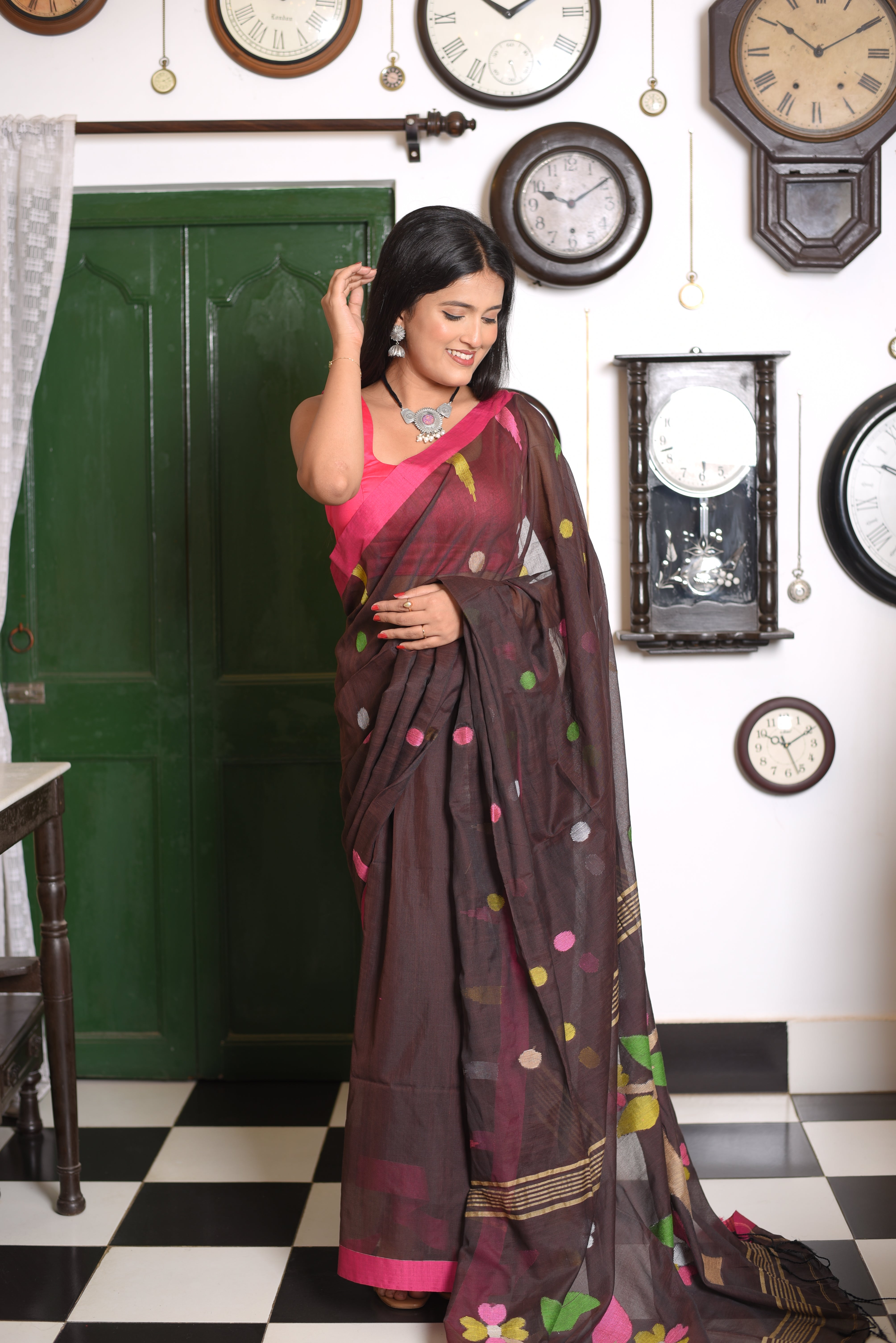 Wine Cotton Handloom Jamdani Saree