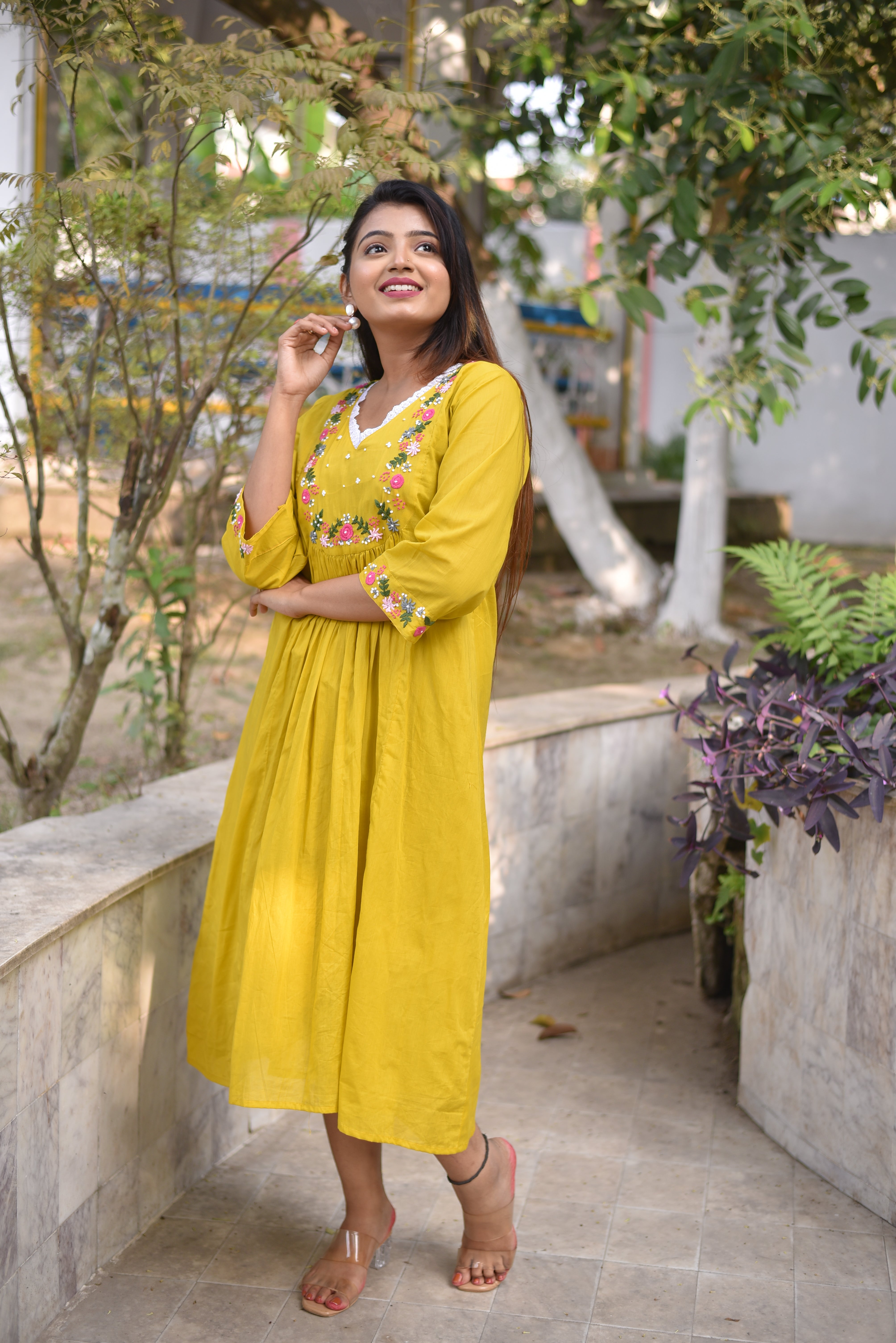 Yellow Hand Embroidered Cotton A-Line Dress