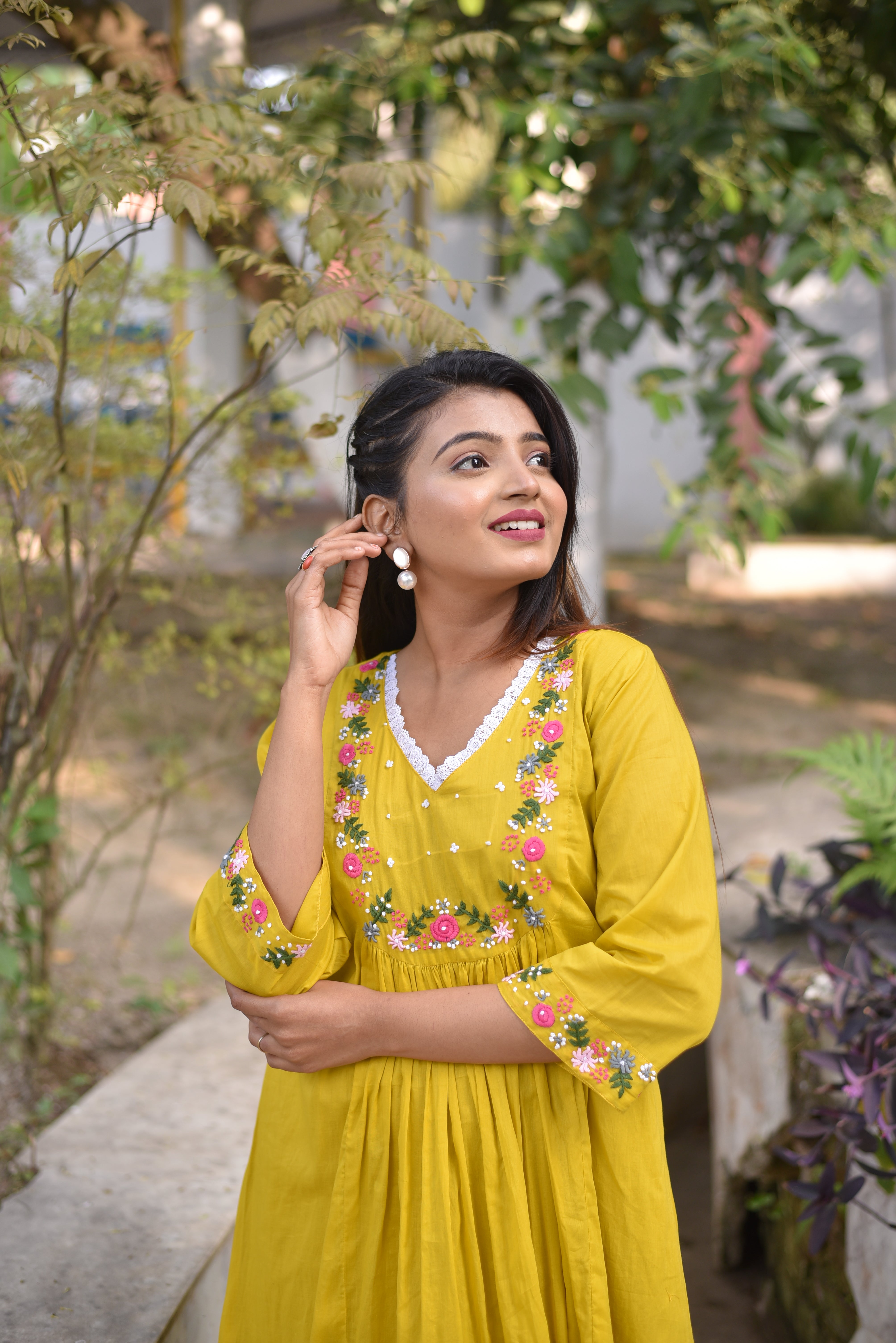 Yellow Hand Embroidered Cotton A-Line Dress