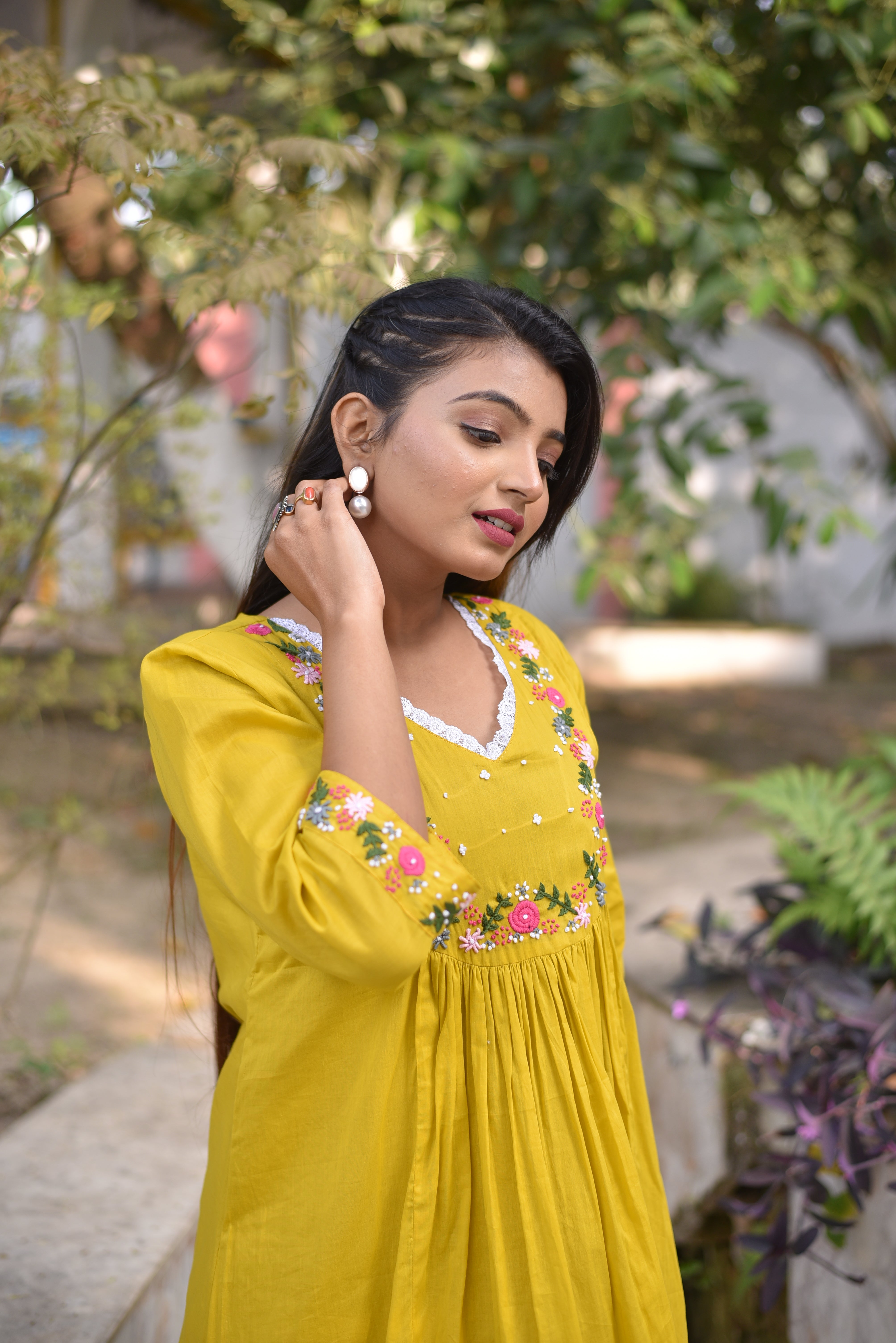 Yellow Hand Embroidered Cotton A-Line Dress