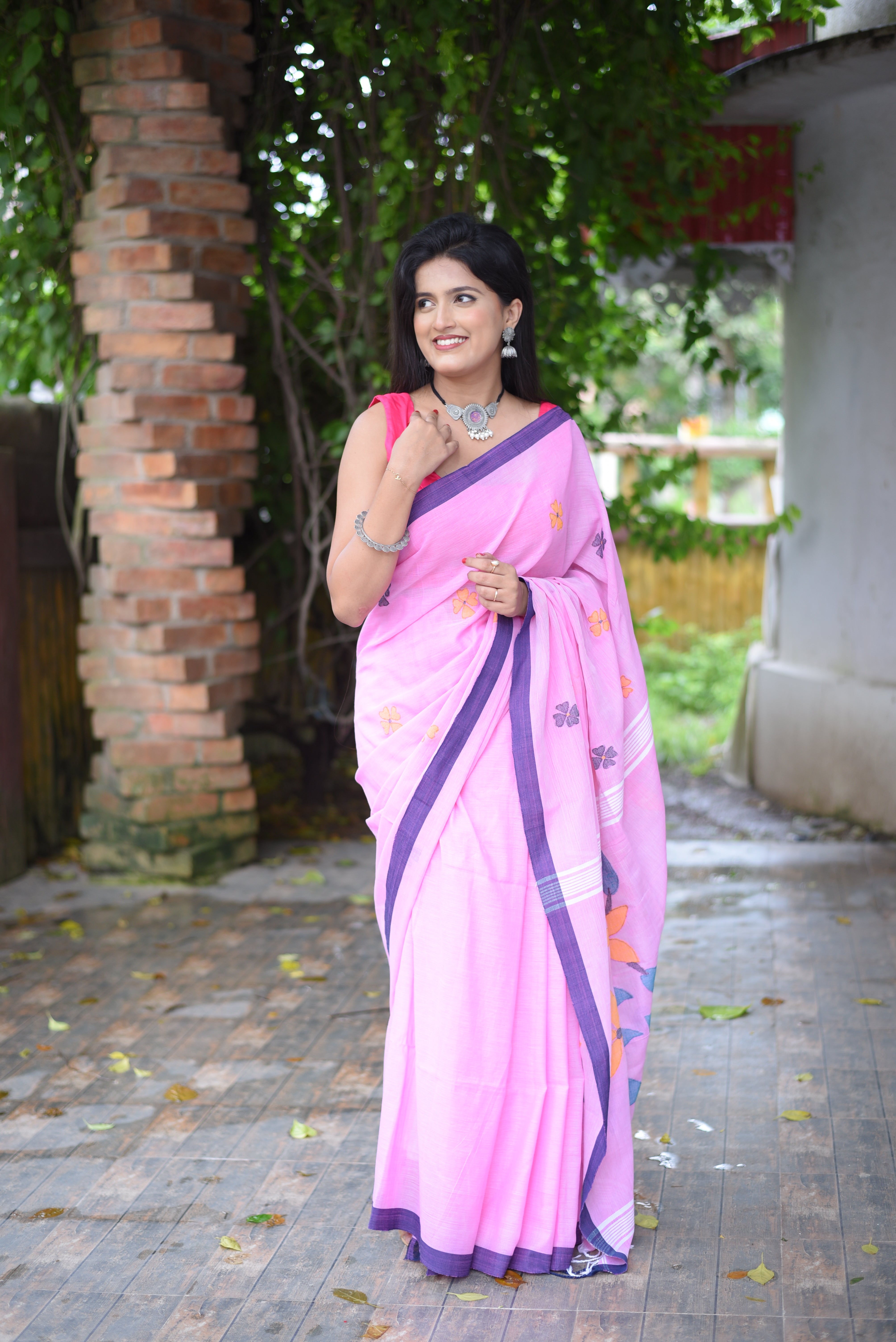 Pink Cotton Hand Weaving Jamdani Saree