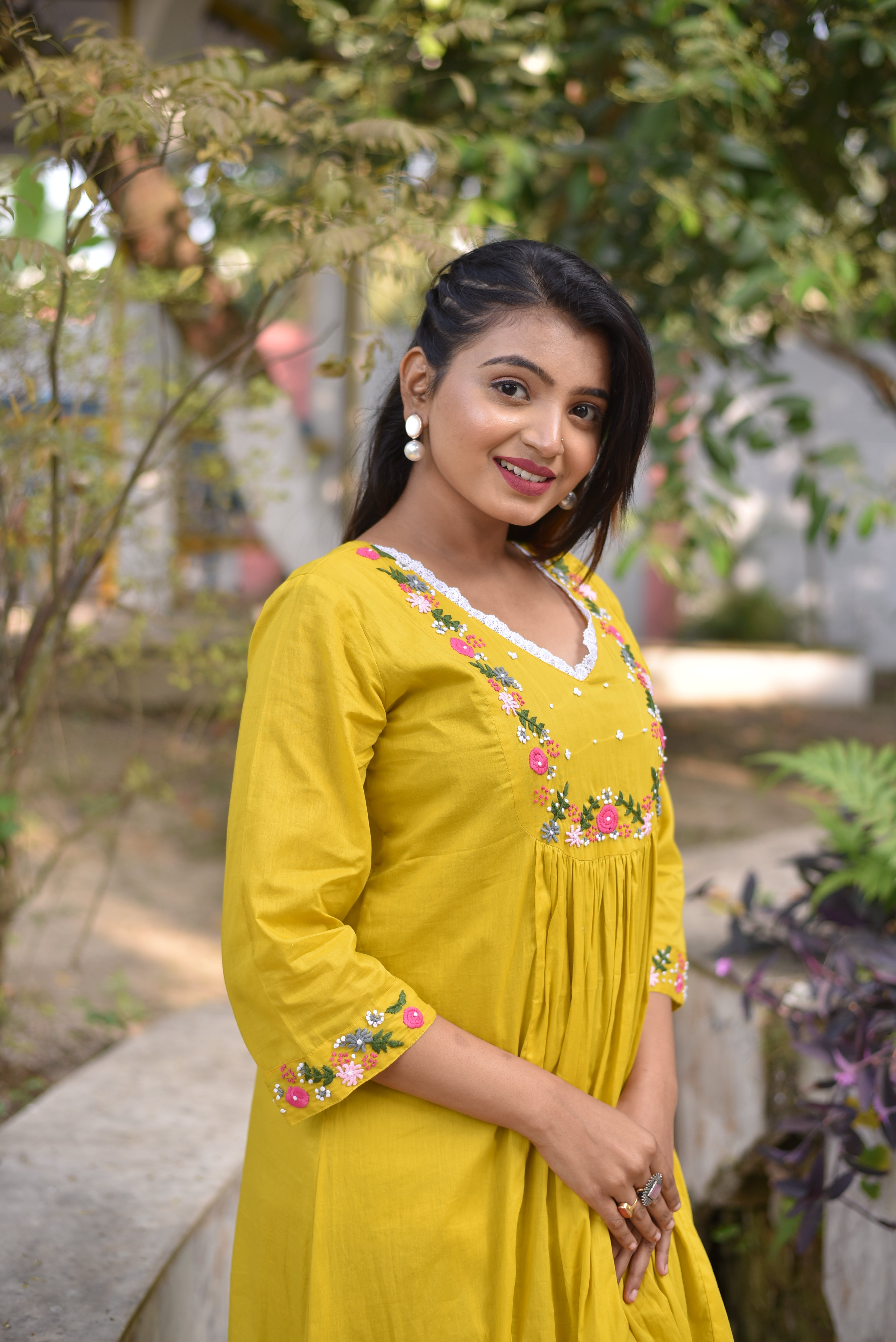 Yellow Hand Embroidered Cotton A-Line Dress