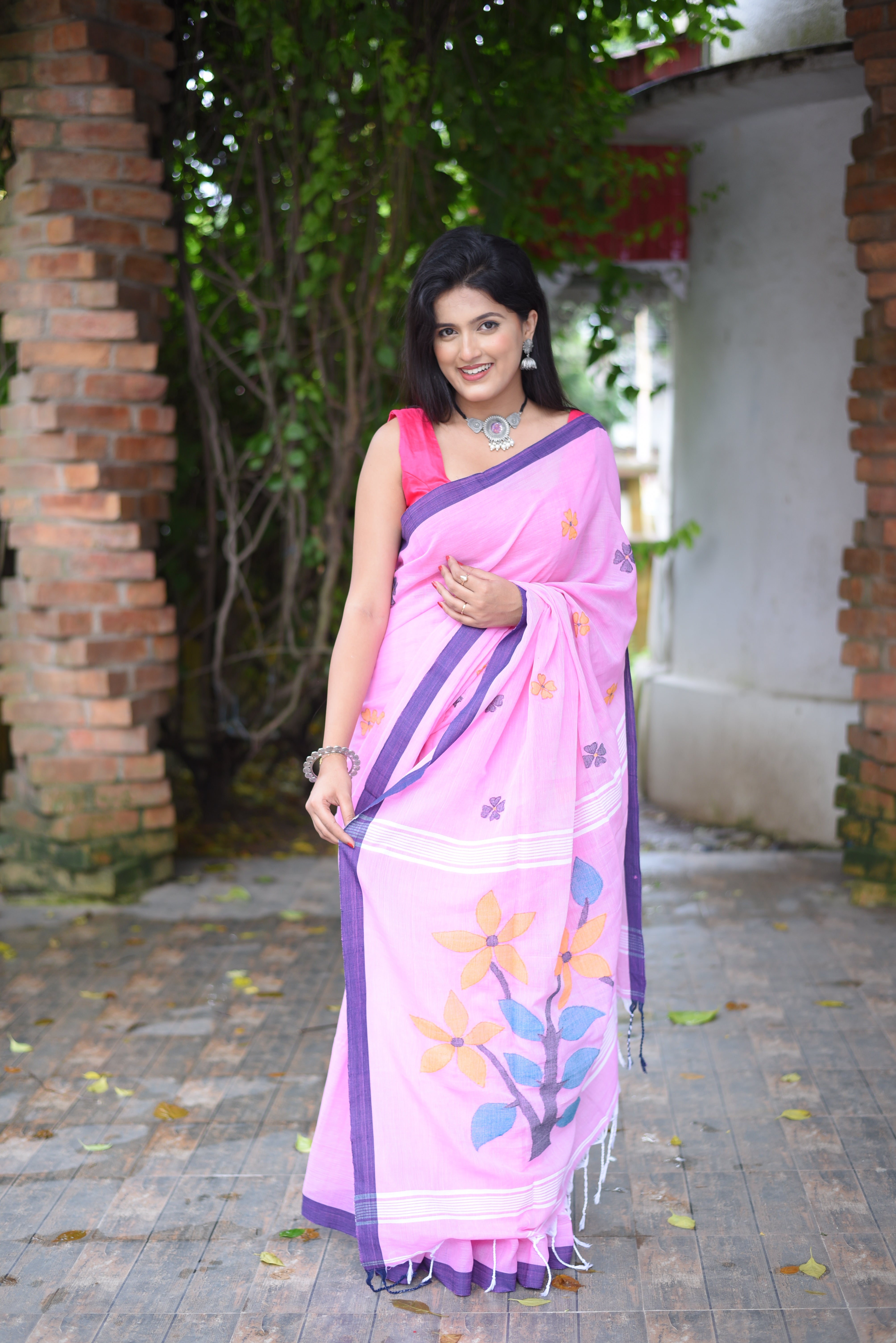 Pink Cotton Hand Weaving Jamdani Saree