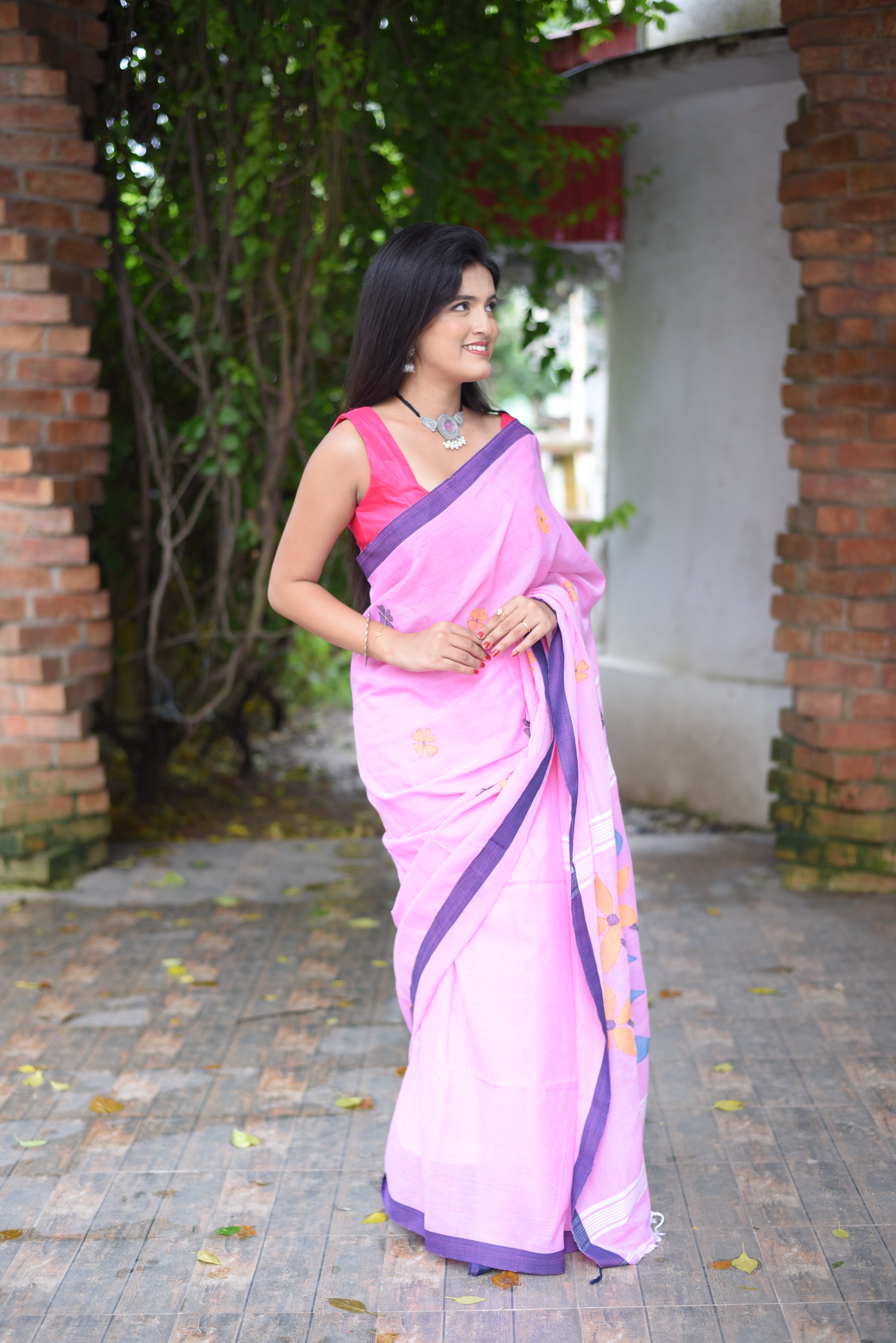 Pink Cotton Hand Weaving Jamdani Saree