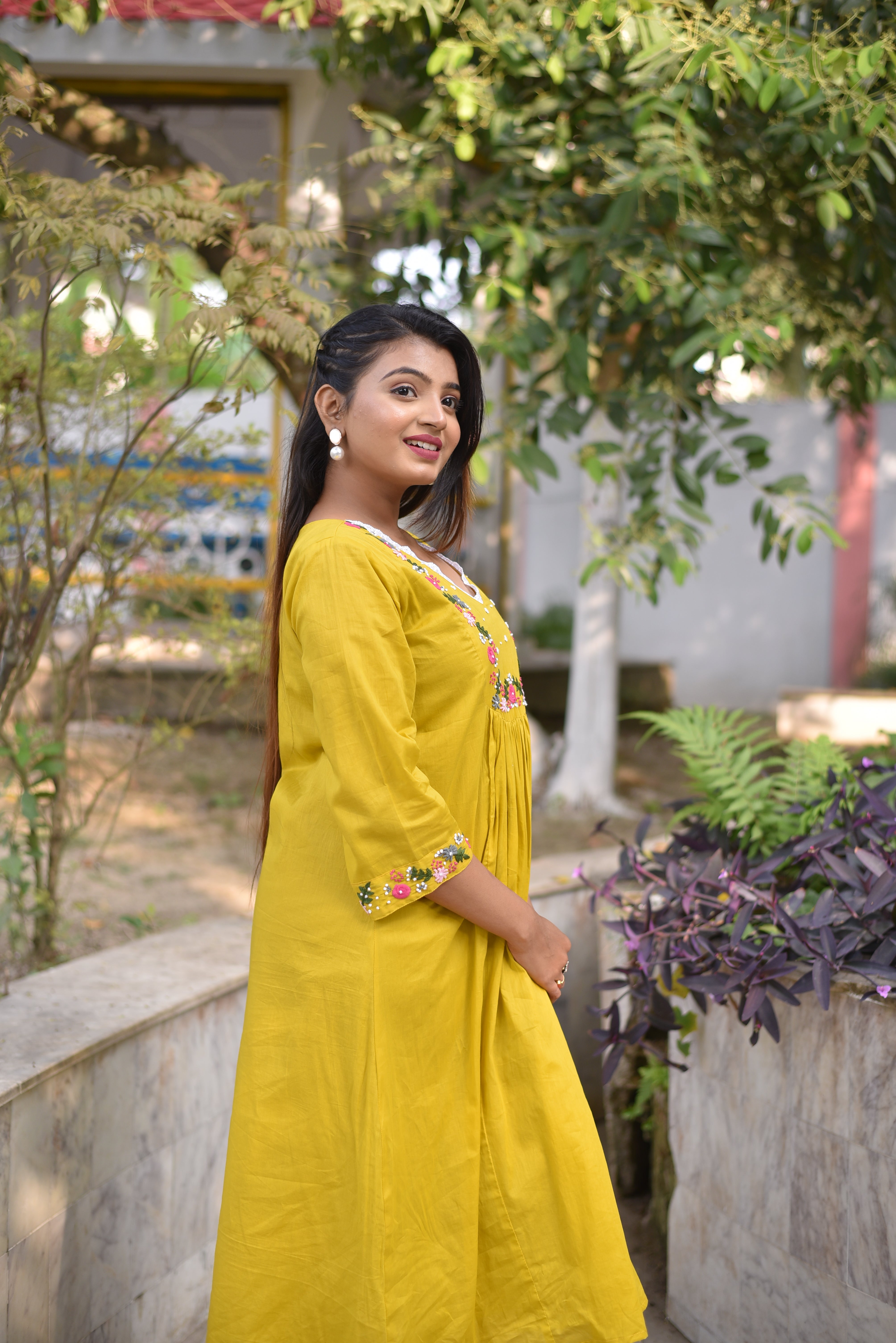 Yellow Hand Embroidered Cotton A-Line Dress