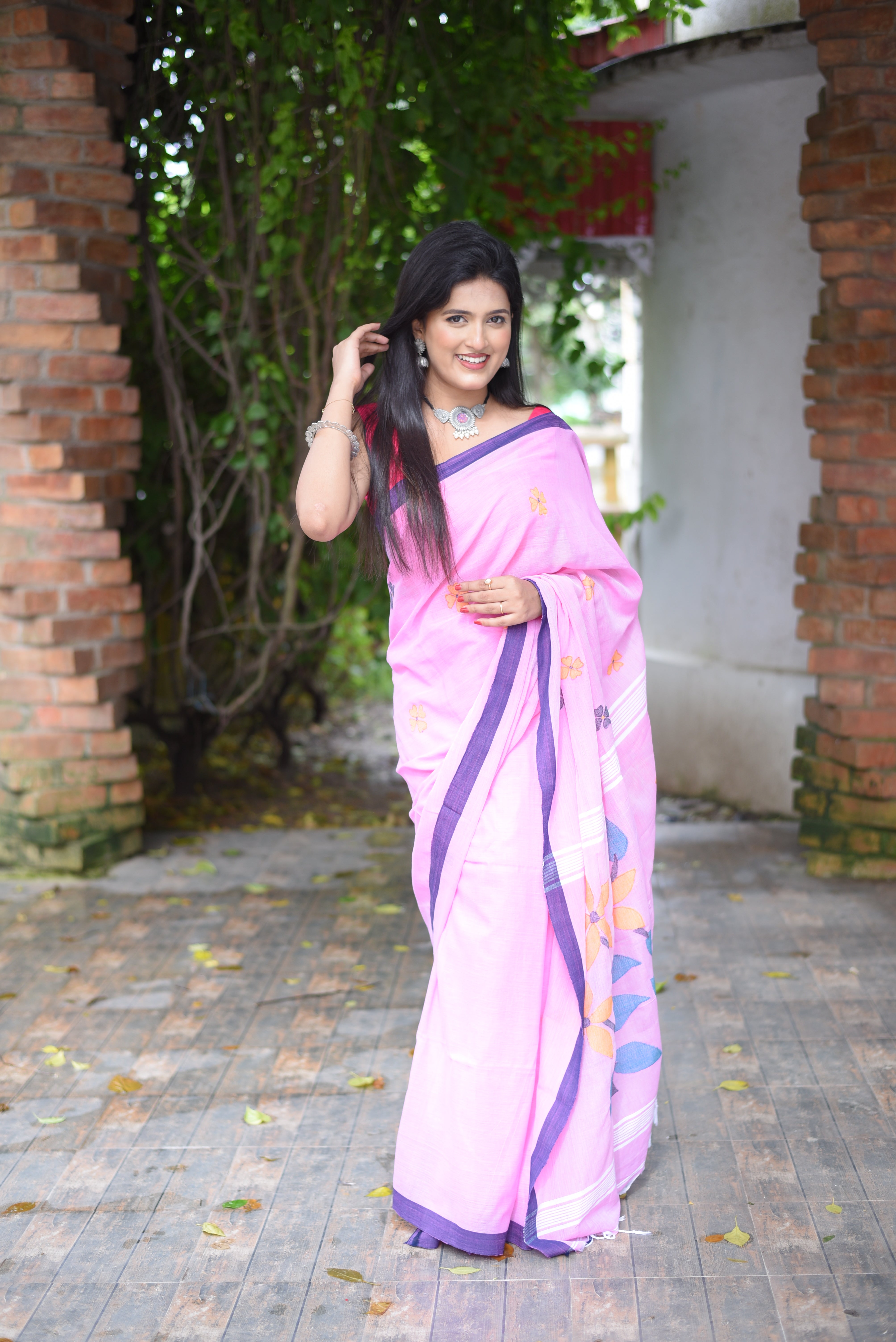 Pink Cotton Hand Weaving Jamdani Saree