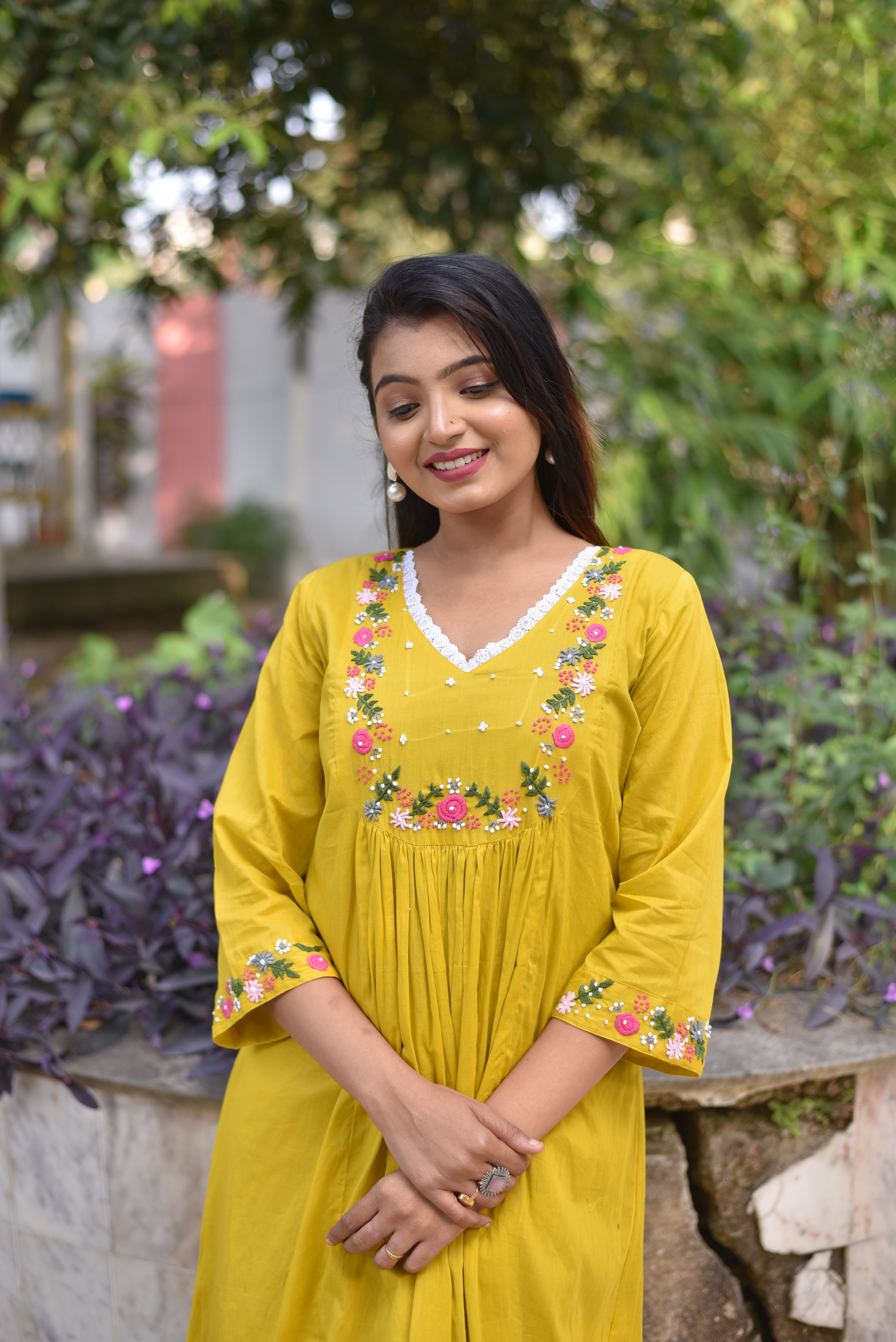 Yellow Hand Embroidered Cotton A-Line Dress