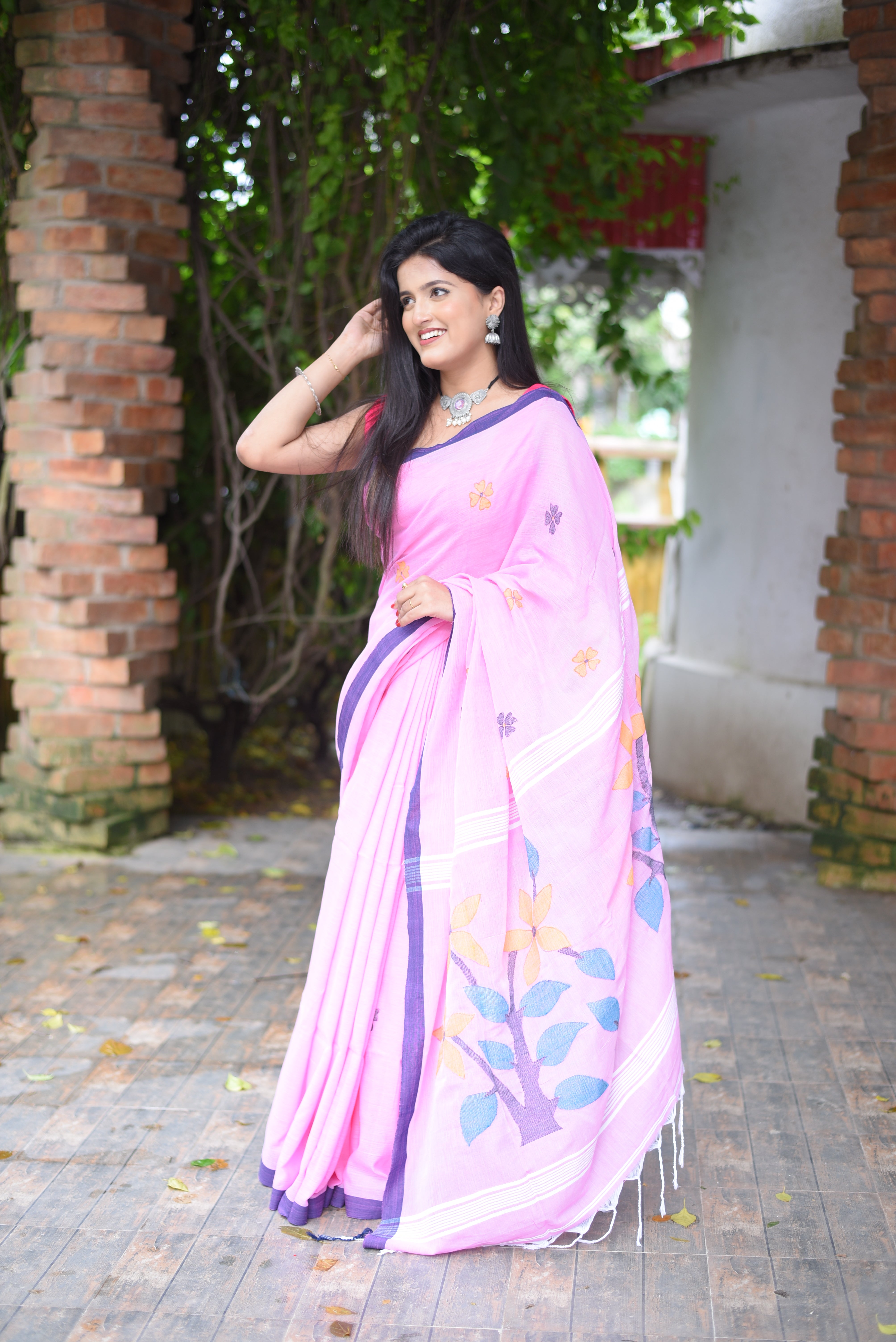 Pink Cotton Hand Weaving Jamdani Saree