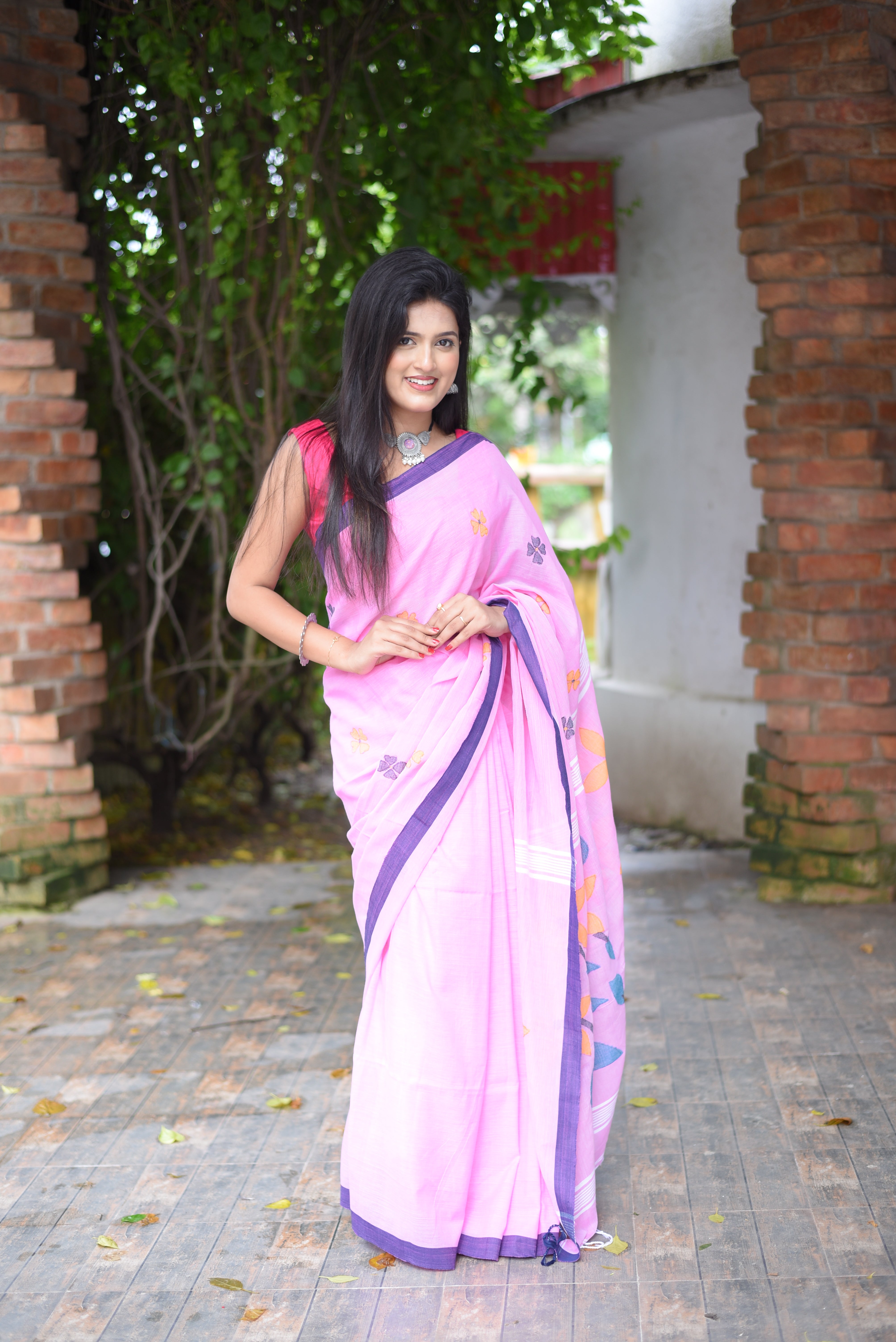 Pink Cotton Hand Weaving Jamdani Saree
