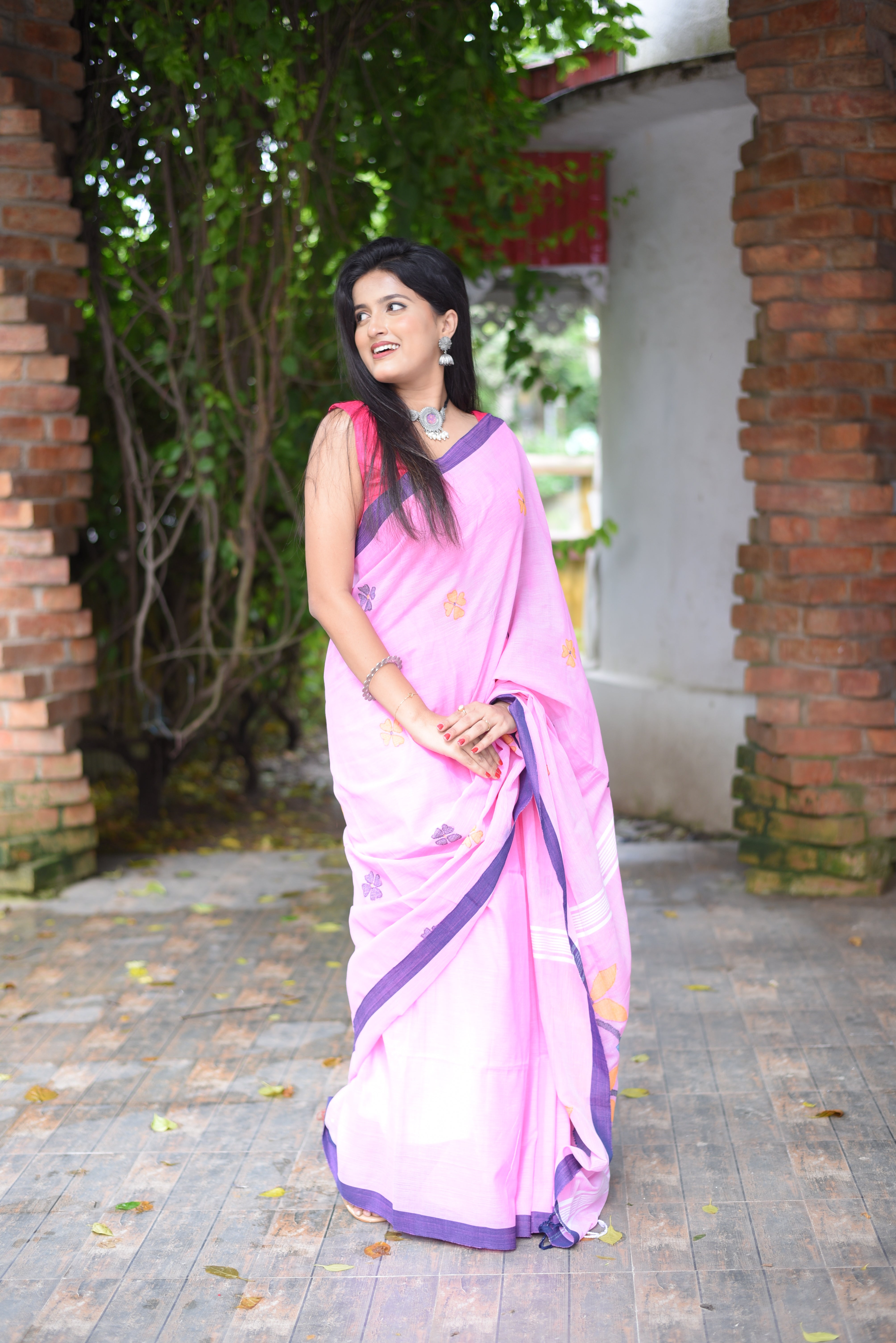 Pink Cotton Hand Weaving Jamdani Saree