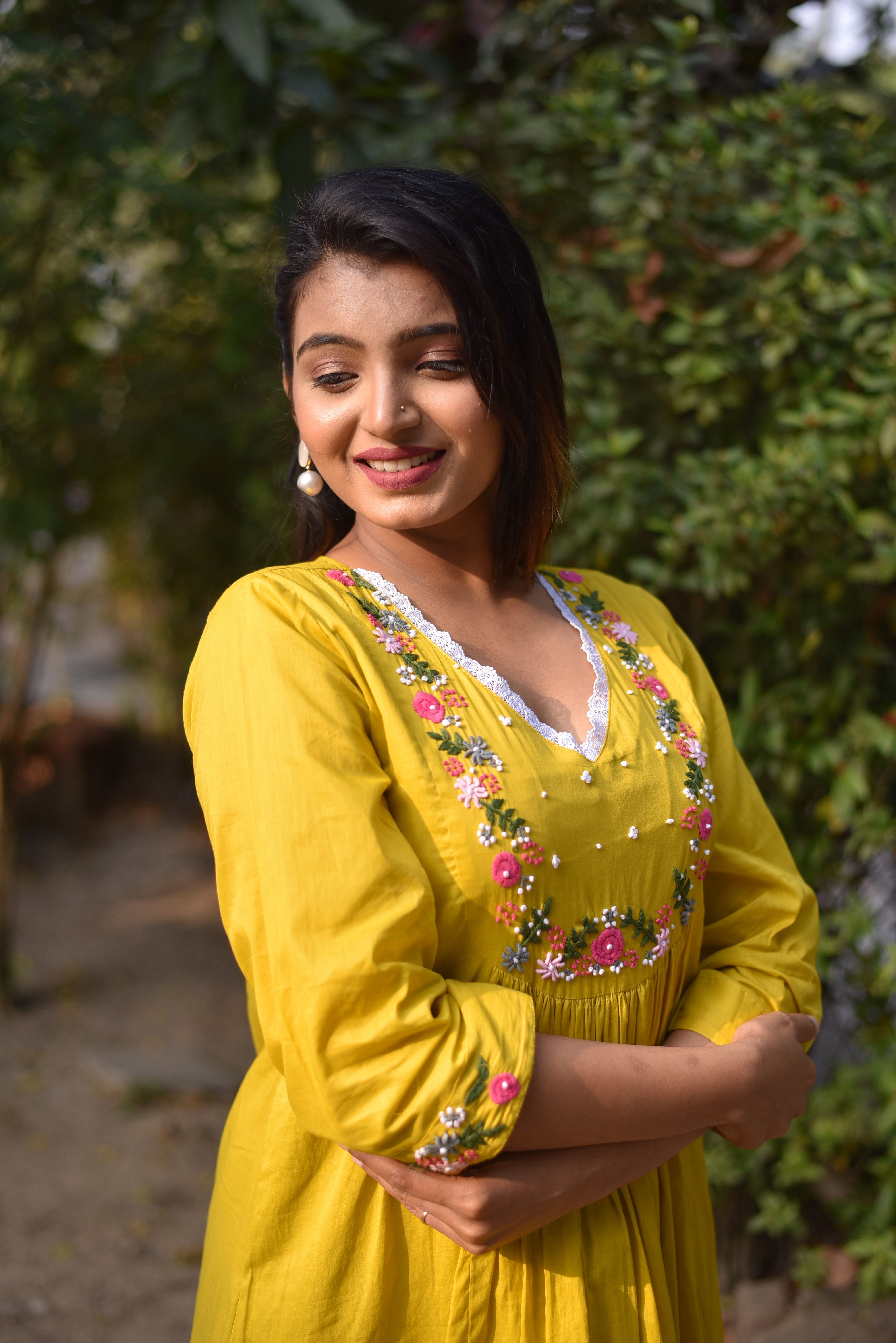 Yellow Hand Embroidered Cotton A-Line Dress