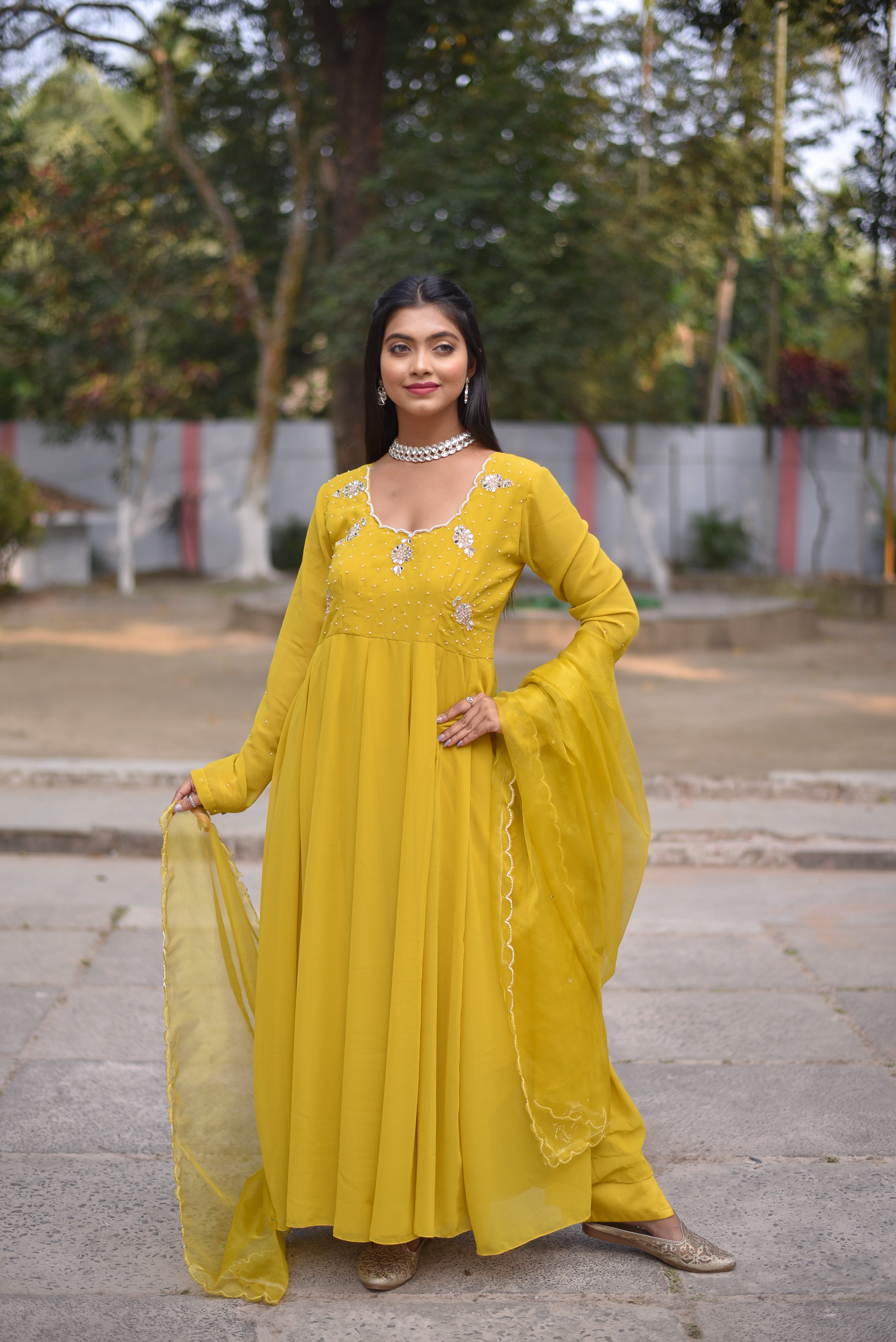 Yellow Mirror Work Anarkali Suit Sets