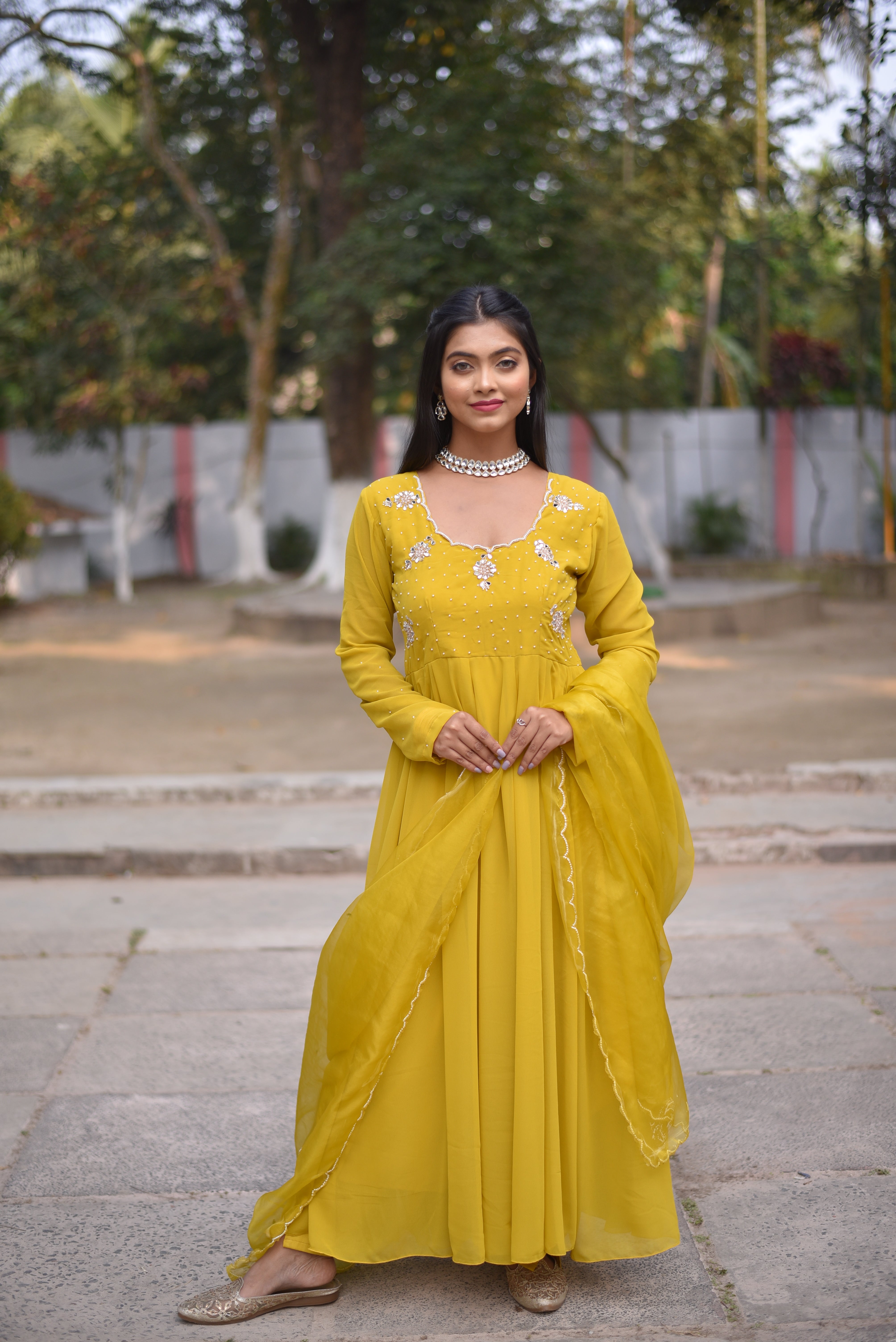 Yellow Mirror Work Anarkali Suit Sets