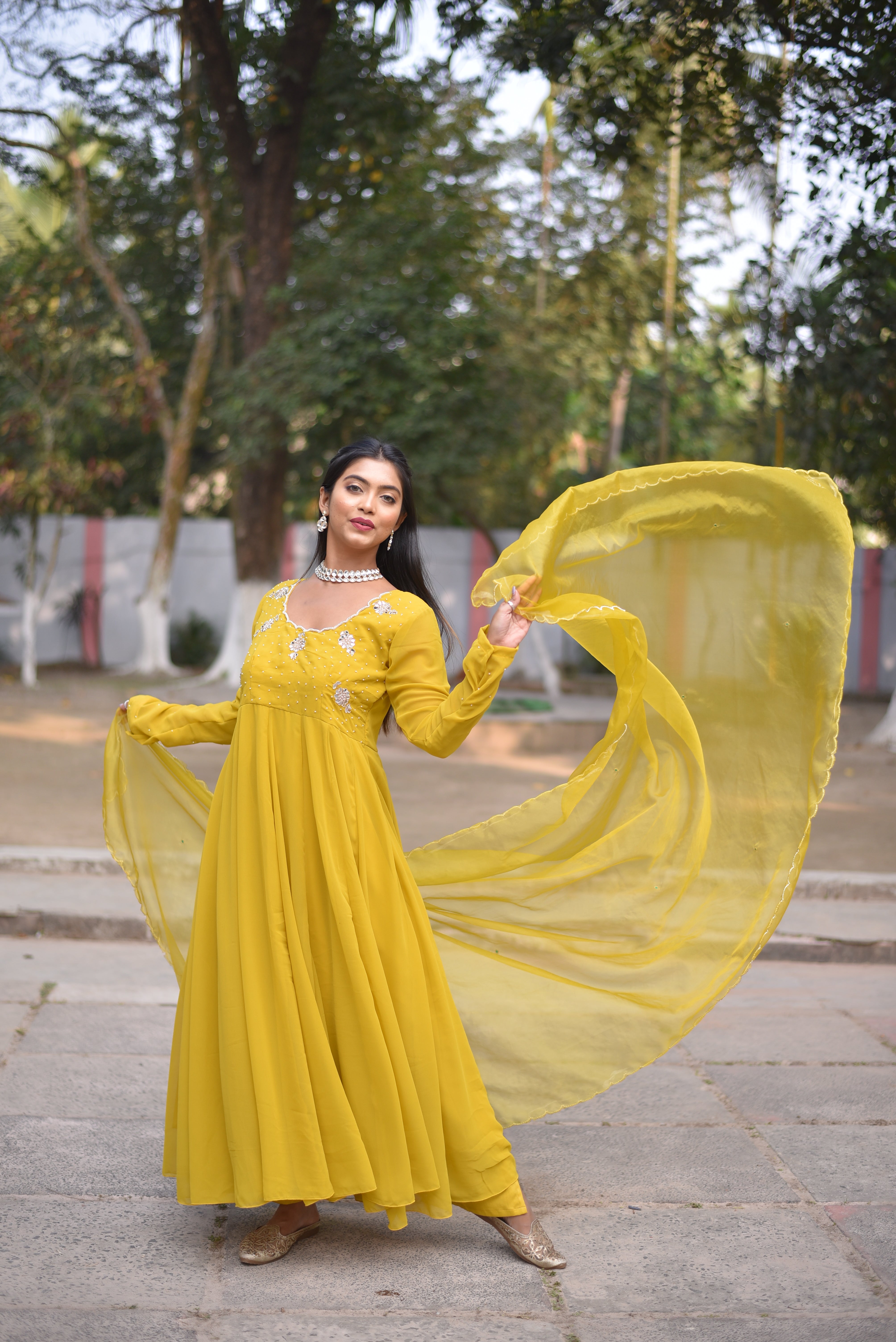 Yellow Mirror Work Anarkali Suit Sets